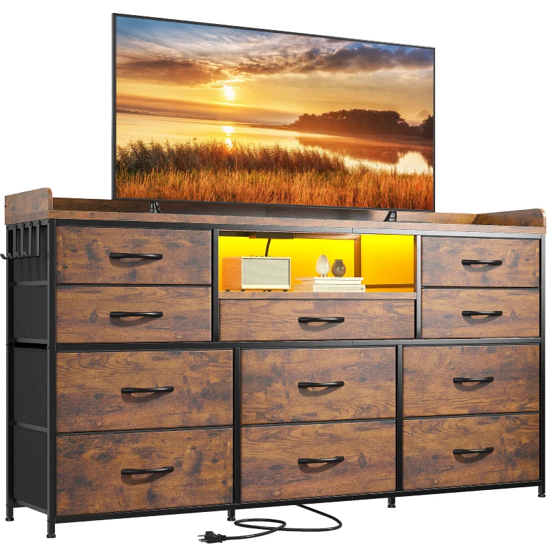 Snhomee ‌60" Dresser TV Stand w/11 Drawers | LED Lights, Power Outlets & Hooks | Sturdy Metal Frame & Wood Top