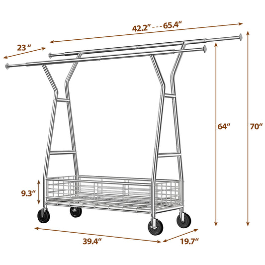 Snhomee 350 lbs Heavy Duty Adjustable, Rolling Garment Rack with Shelves, 70"H  Space-Saving Commercial Clothing Rack for Bedroom, Closet, Laundry, Commercial