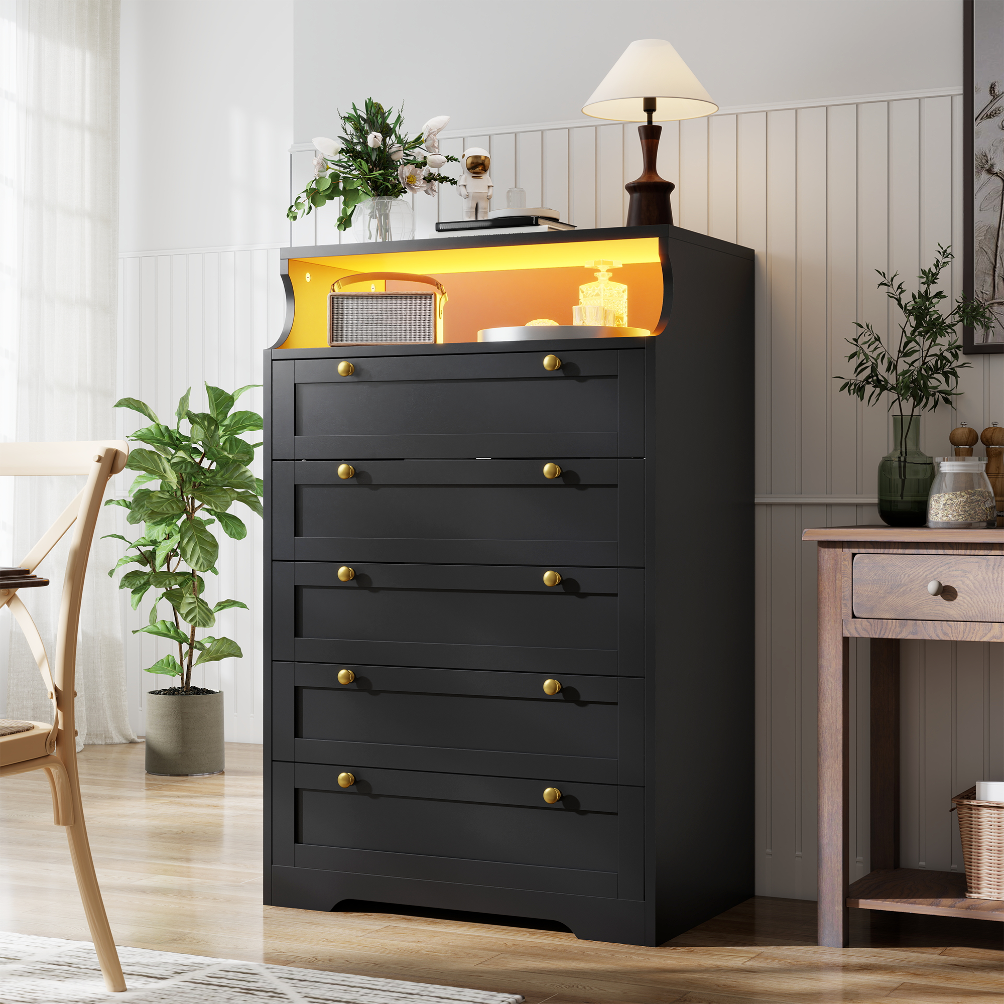 Snhomee 5-Drawer Tall Dresser with LED Lights & Shelves Modern Storage Cabinet for Bedroom, Living Room & Entryway 31.3" W x 48.5" H x 15.7" D / Snhomee 5-Drawer Tall Dresser with LED Lights & Shelves Modern Storage Cabinet for Bedroom, Living Room & Entryway 31.3" W x 48.5" H x 15.7" D /