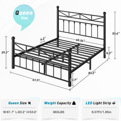 54" Queen Size Metal Bed Frame with LED Lights | Headboard & Footboard | Under Bed Storage & Noise-Free Design-Queen-Black-snhomee