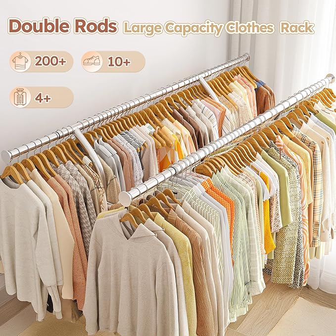 74"W Clothing Rack with Wheels, Heavy-Duty Steel Frame with Shelves, No-Wobble Design, Quick Assembly