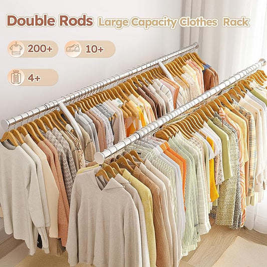 74"W Clothing Rack with Wheels, Heavy-Duty Steel Frame with Shelves, No-Wobble Design, Quick Assembly