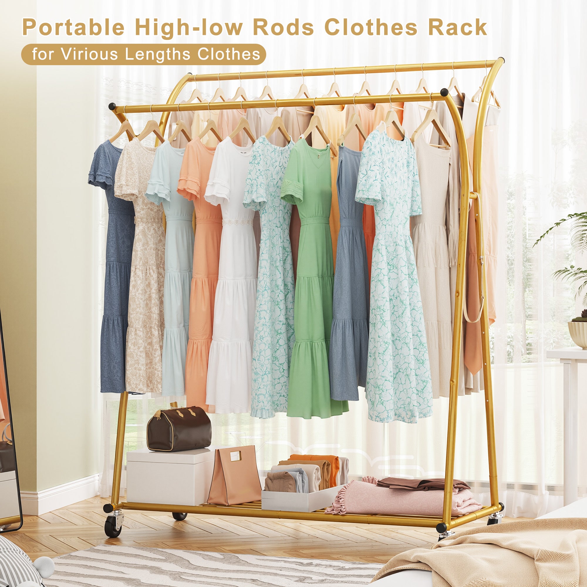 Double Rod Clothes Hanger Rack, Metal Rolling Clothing Rack With Wheels, 52"W x 20"D x (63"-69")H, Gold/Black-Gold-snhomee