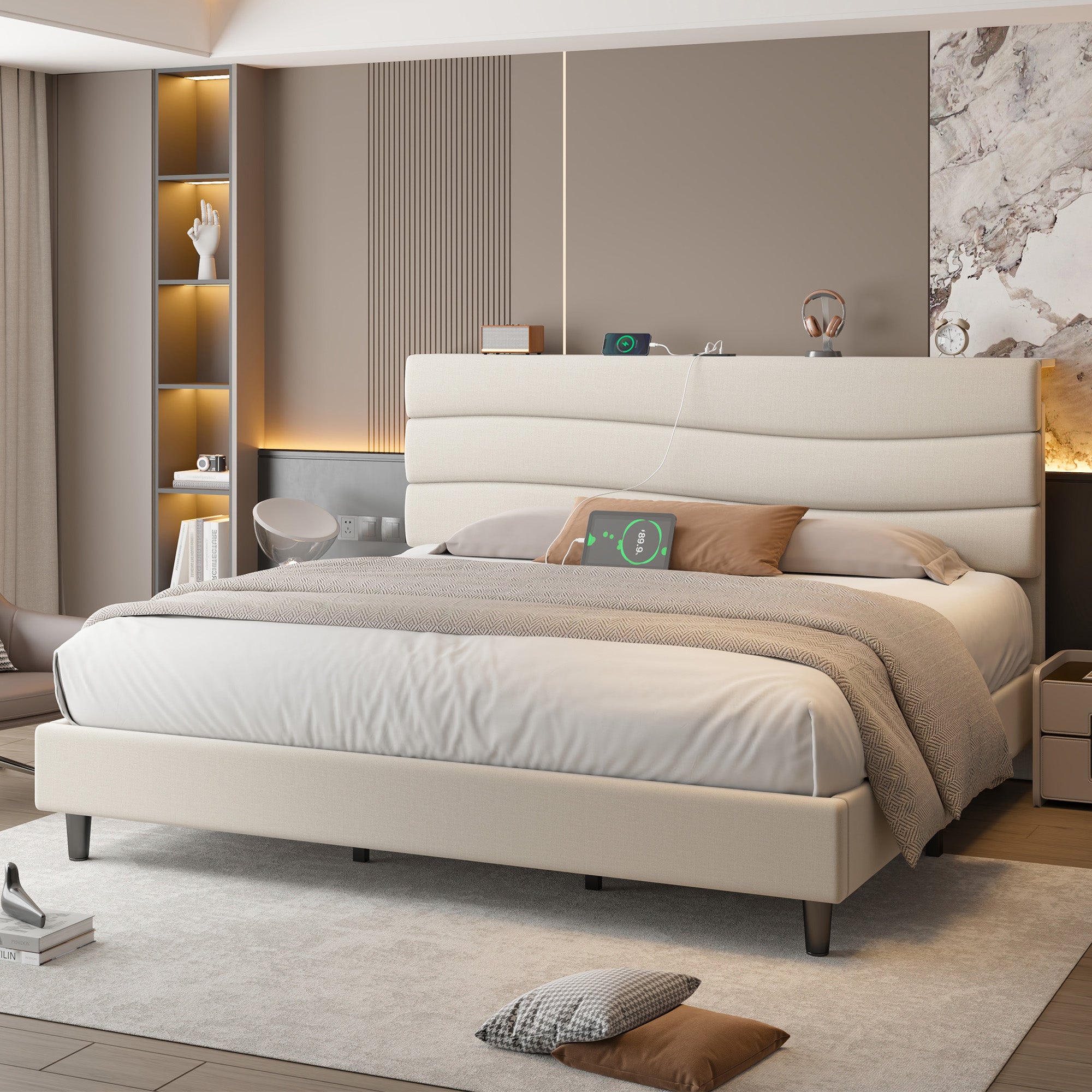 SnHomee Upholstered Bed Frame with Storage Headboard & Charging Station - USB Ports, Adjustable Fabric Headboard, Noise-Free Design, No Box Spring Needed, Back to School Beds On Sale