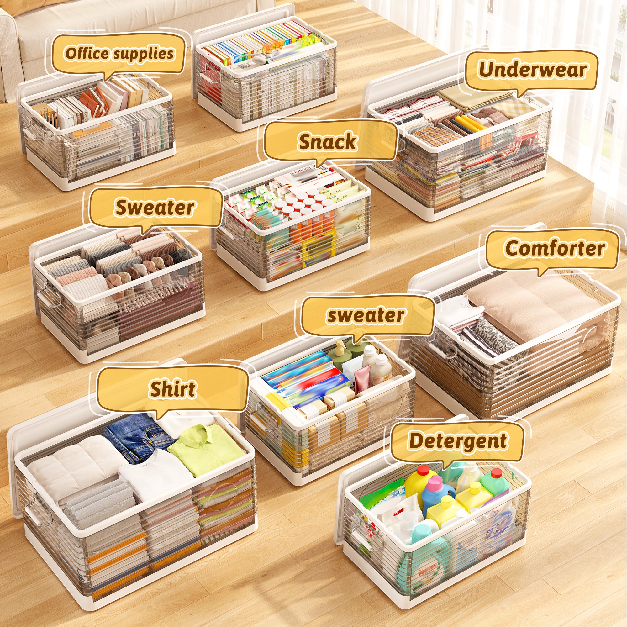 Snhomee Stackable Storage Bins, Collapsible Storage Bins on Wheels, Clear Storage Bins with lids