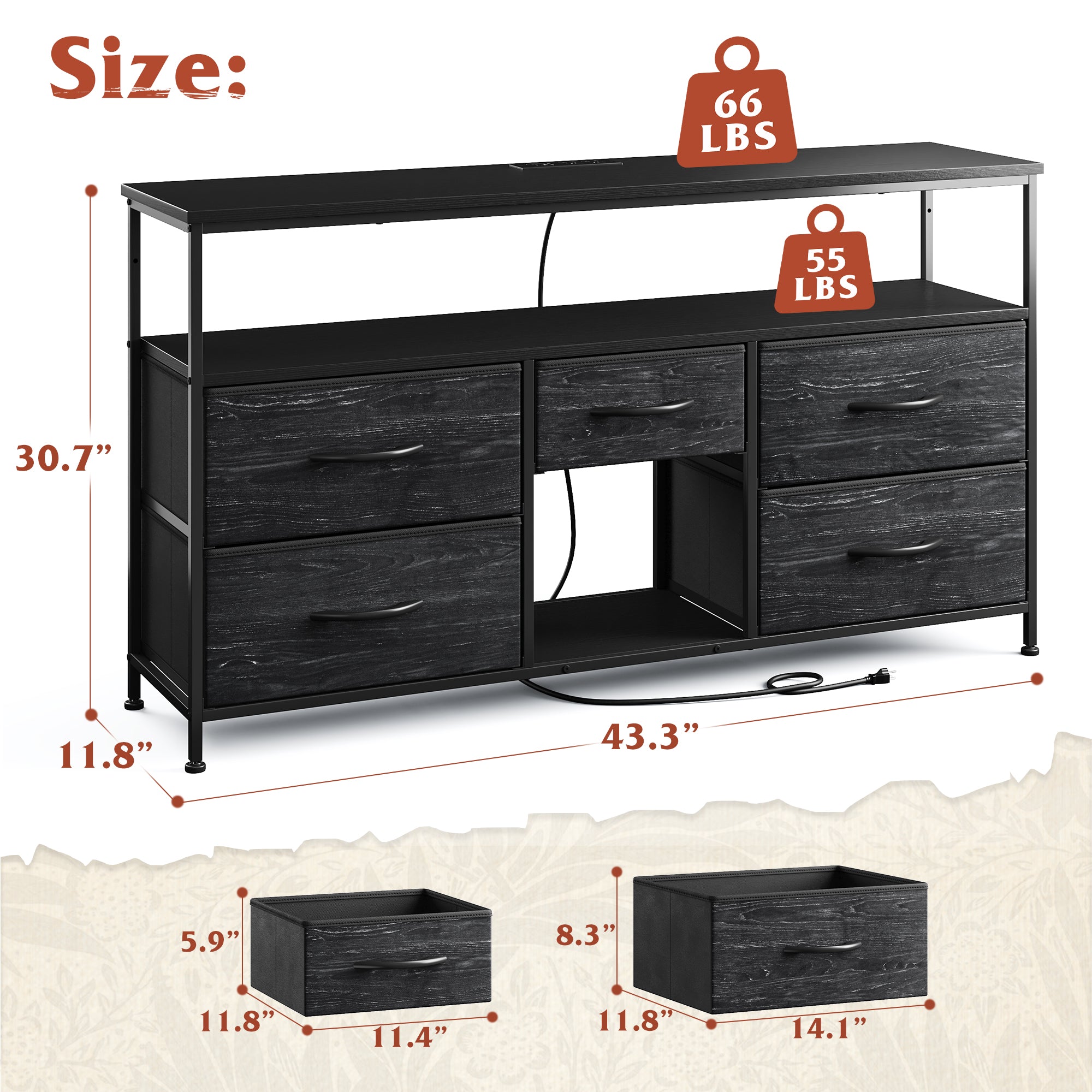 50" LED TV Stand with 5 Drawers & Outlets | Metal Dresser for Bedroom/Living Room-Rustic Brown-snhomee