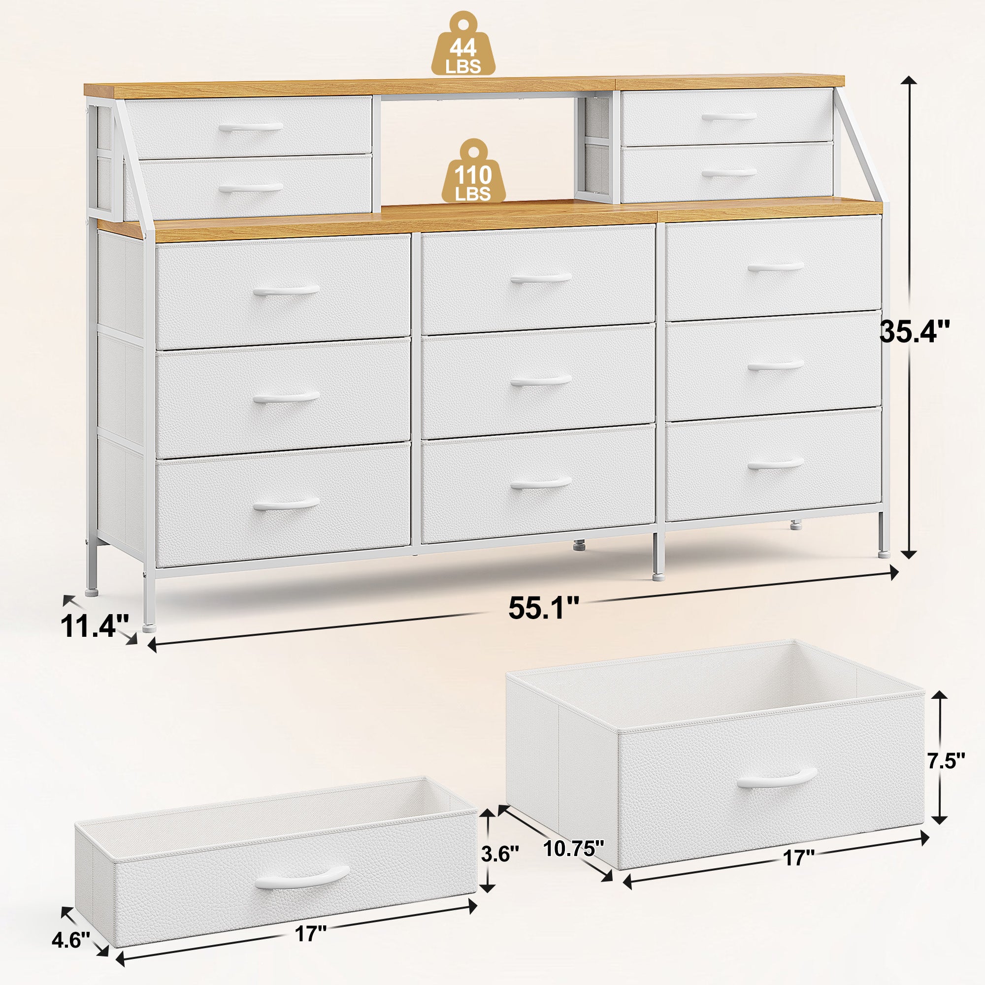 Girls Dresser Organizer: 55"W Dresser with 13 Fabric Drawers and 2 Open Shelves, Metal Frame & Wooden Top for Bedroom/Closet