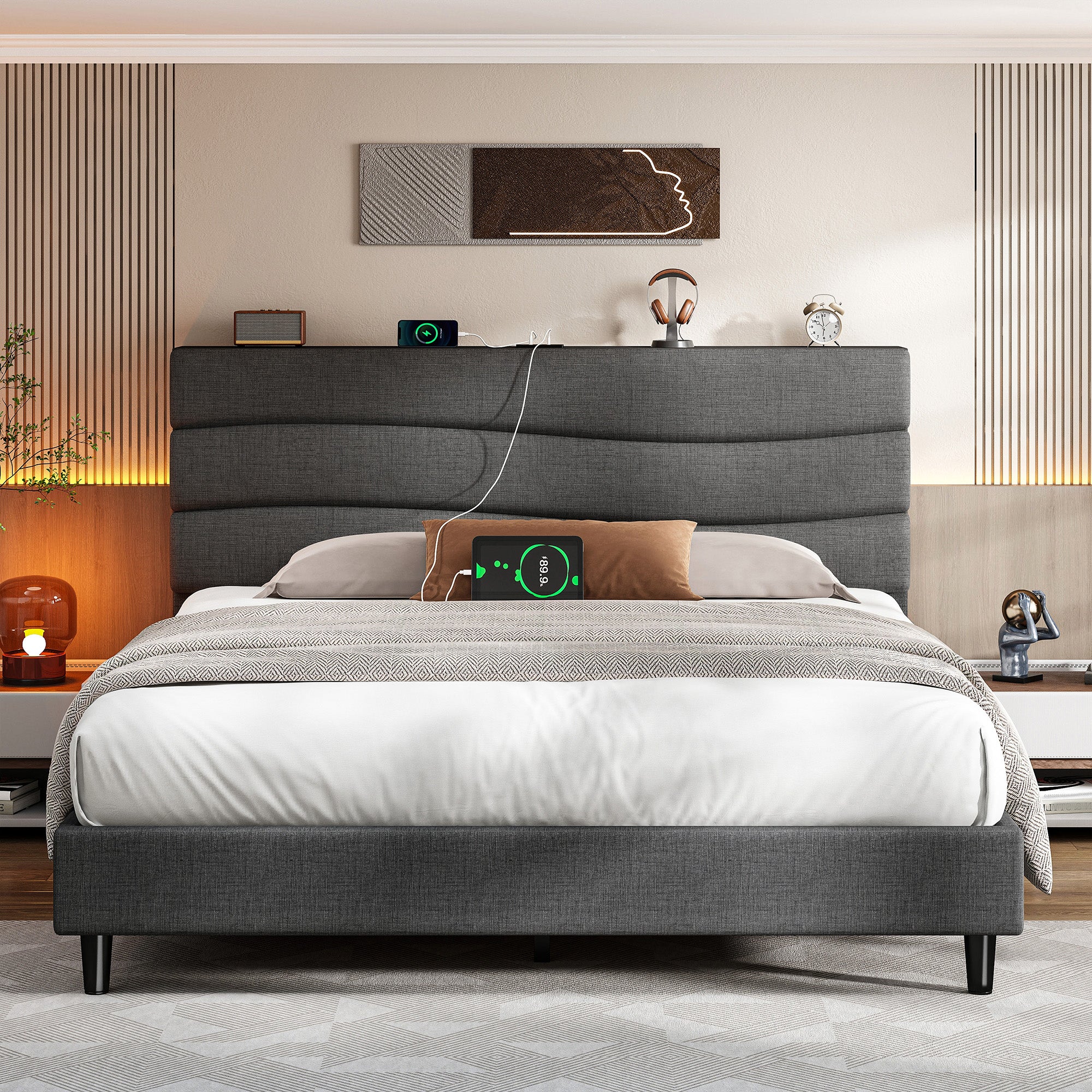 SnHomee Upholstered Bed Frame with Storage Headboard & Charging Station - USB Ports, Adjustable Fabric Headboard, Noise-Free Design, No Box Spring Needed, Back to School Beds On Sale