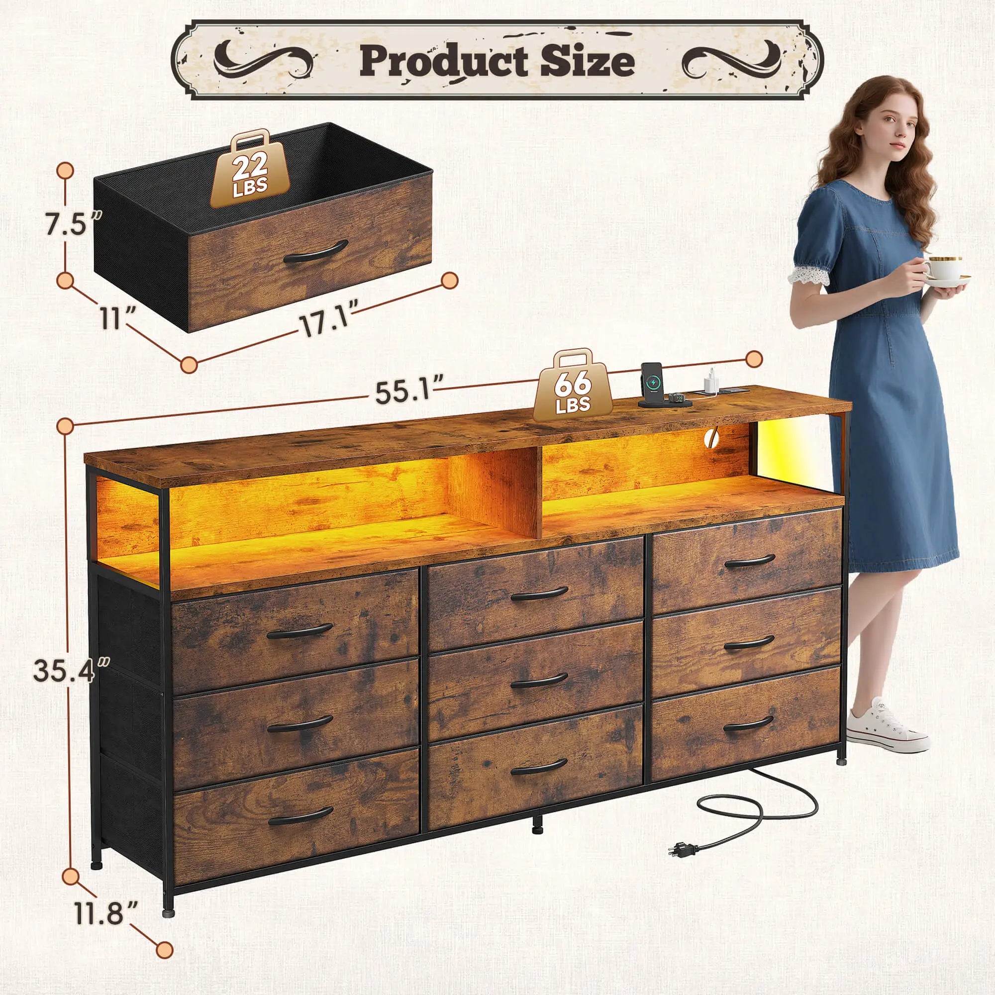 Snhomee Dresser TV Stand with 9 Drawers & Charging Station– 55" Wide Media Console LED lights & Wood Shelves for Bedroom, Living Room, or Dorm
