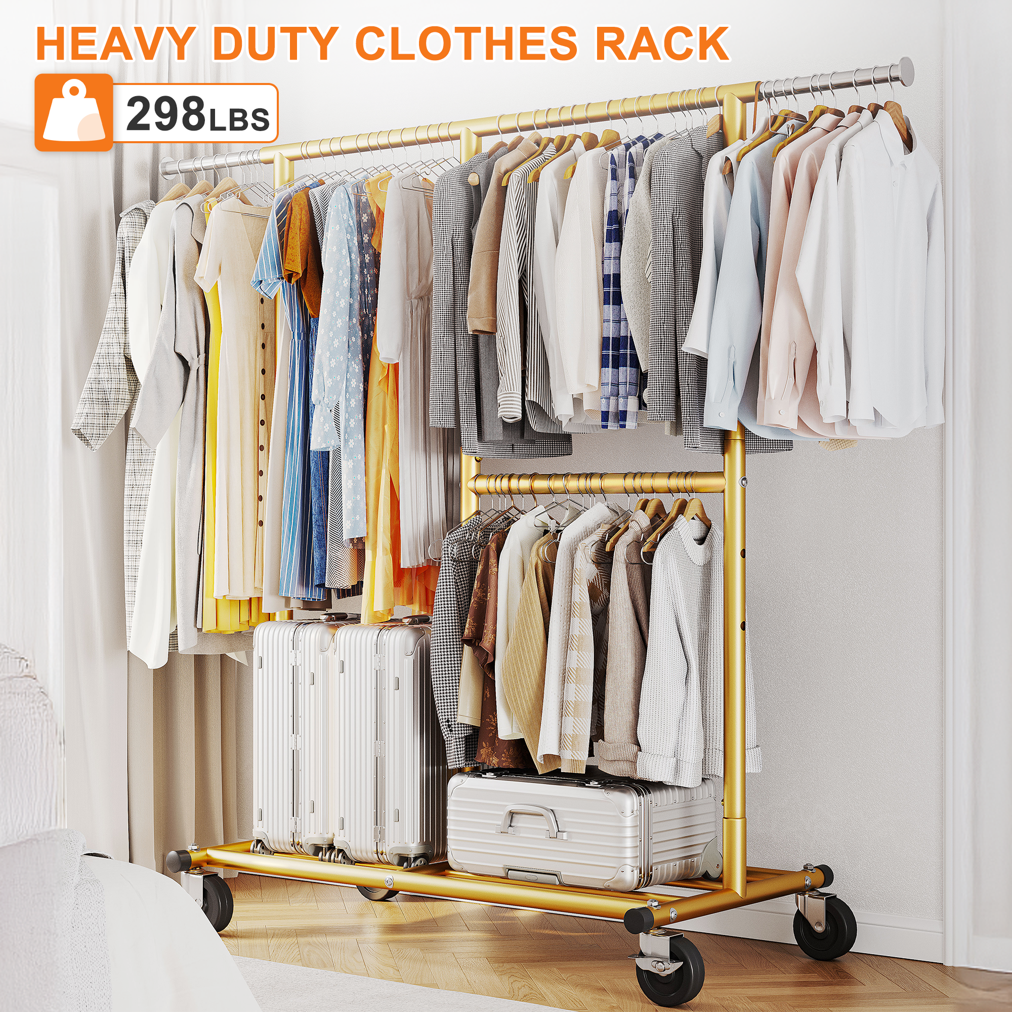 Snhomee Garment Rack with Wheels, Adjustable Height & Width, 298 lbs Heavy-Duty Clothes Rack for Hanging