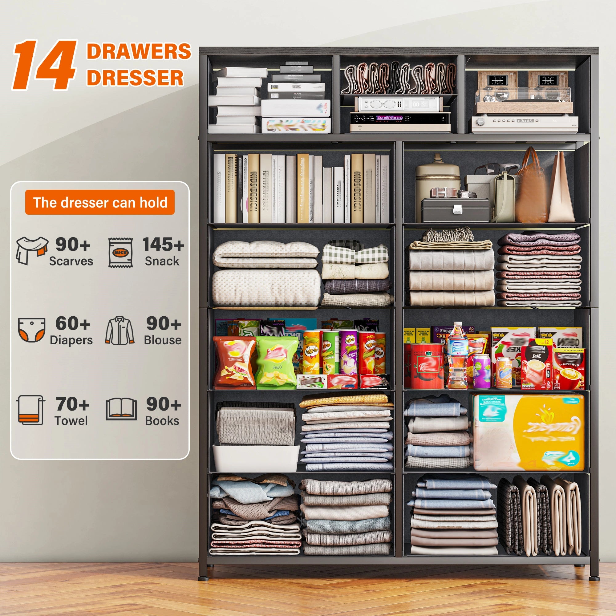 Snhomee Dresser for Bedroom with 14 Drawers, Tall Dressers for Bedroom,  Sturdy Metal Frame & Wood, Top Large Fabric Chest of Drawers, Closet, Livingroom