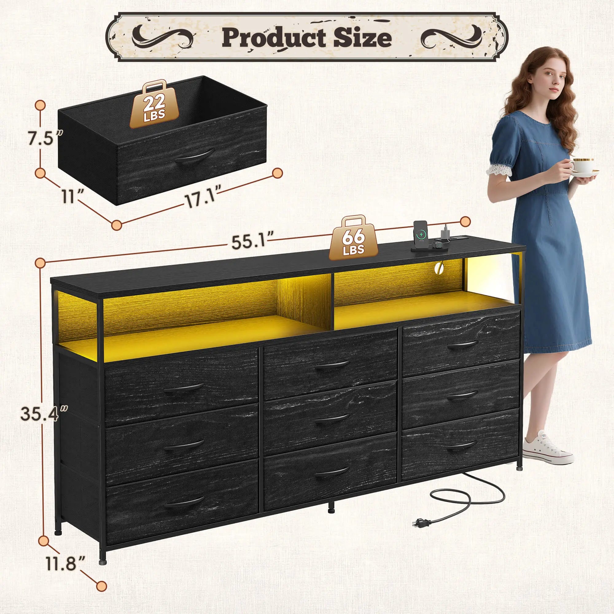 Snhomee Dresser TV Stand with 9 Drawers & Charging Station– 55" Wide Media Console LED lights & Wood Shelves for Bedroom, Living Room, or Dorm