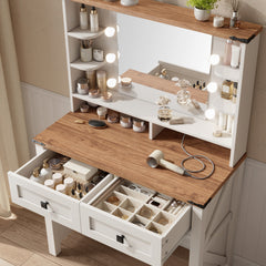 Farmhouse Makeup Vanity Desk with LED Mirror & Charging Station – 31.5" Wide, Adjustable 3-Color Lighting, 2 Storage Drawers & Shelves (Stool Not Included)