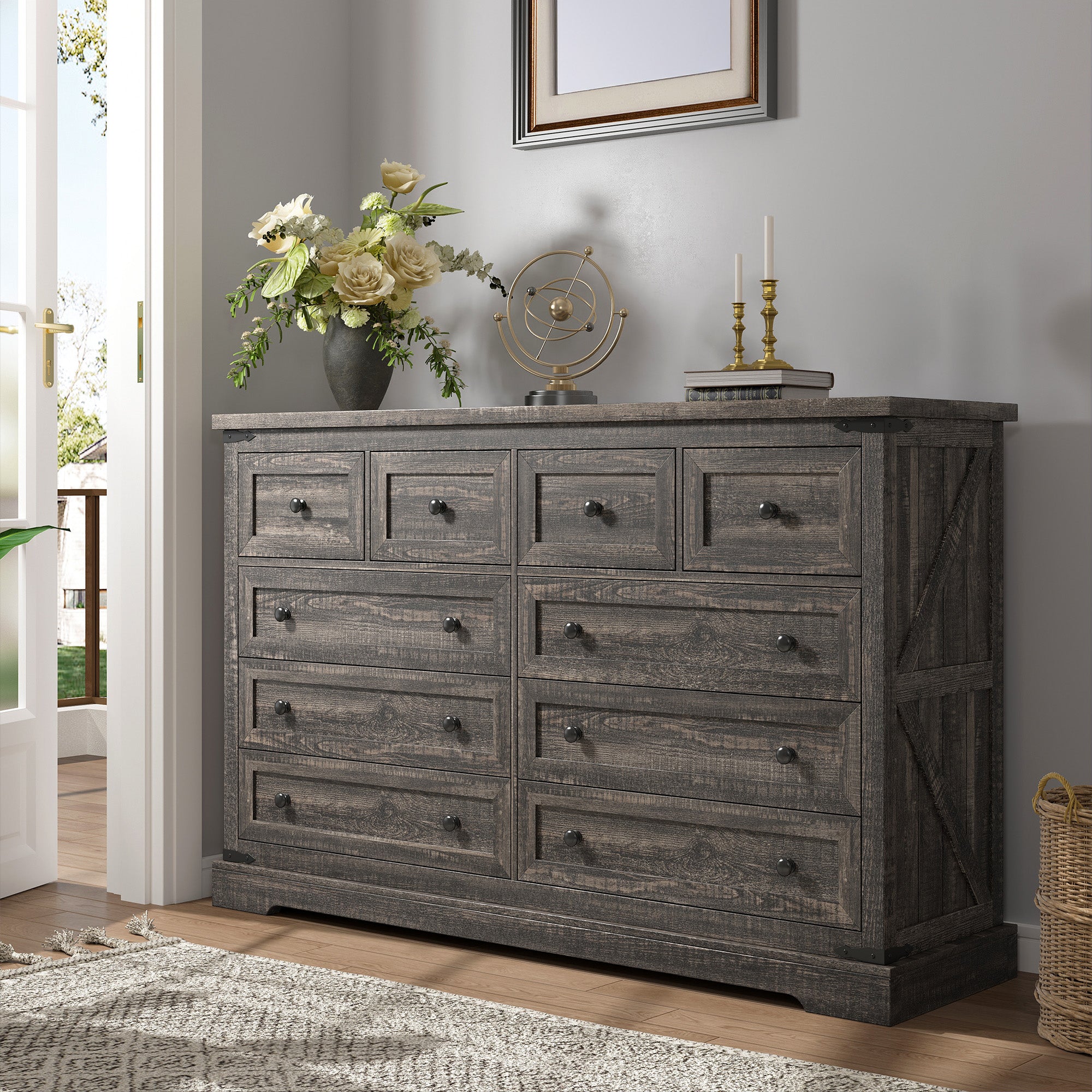 10-Drawer Farmhouse Dresser with Metal Rails - 55" Wide Bedroom Storage & TV Stand, 36"H x 15"D-Rustic Oak-snhomee