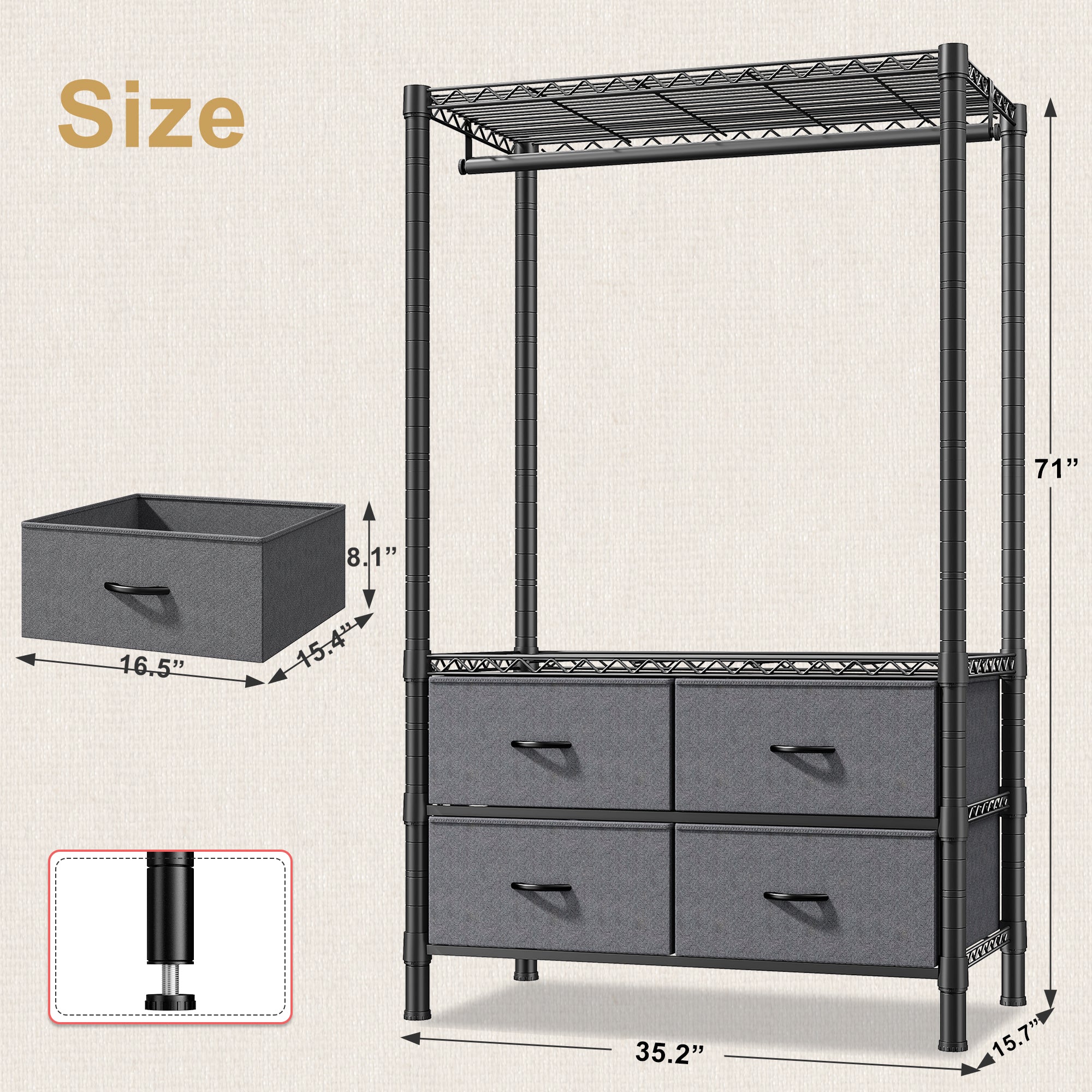 Snhomee Portable Clothes Rack with 4 Drawers Metal Clothing Garment Rack, Freestanding/Rolling-Home Storage > Clothes Rack-Black Rolling Rack-snhomee