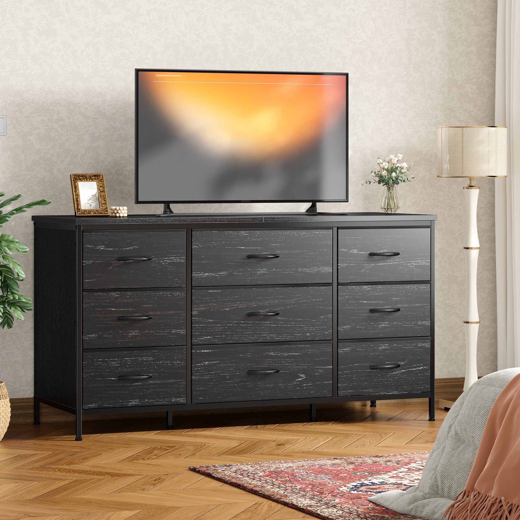 Snhomee Dresser TV Stand with 9 Drawers, Sturdy Metal Frame & Wood Top, Bedroom, Living Room, Hallway, Dorm room essentials, Back to school TV Stand Drawers