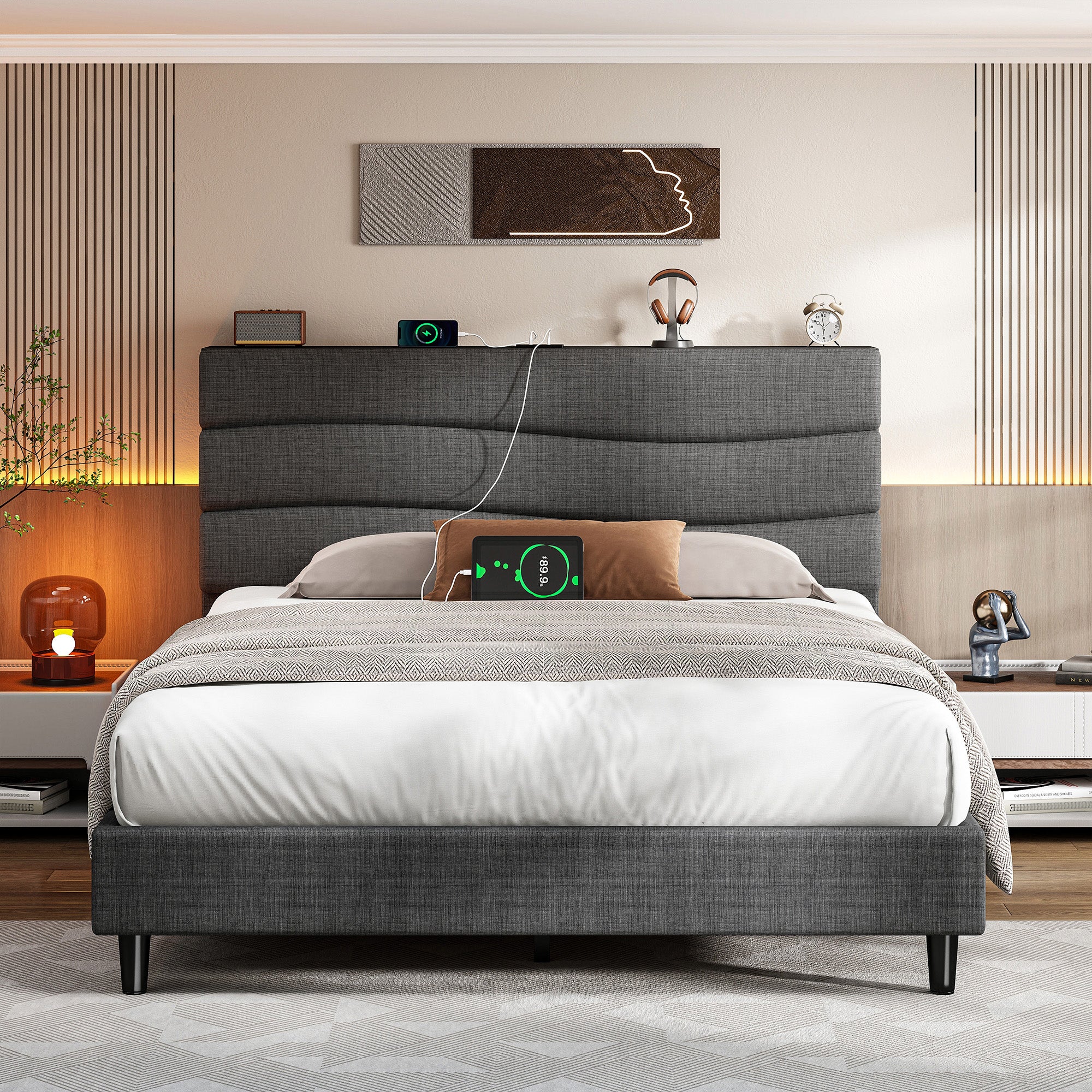 SnHomee Upholstered Bed Frame with Storage Headboard & Charging Station - USB Ports, Adjustable Fabric Headboard, Noise-Free Design, No Box Spring Needed, Back to School Beds On Sale