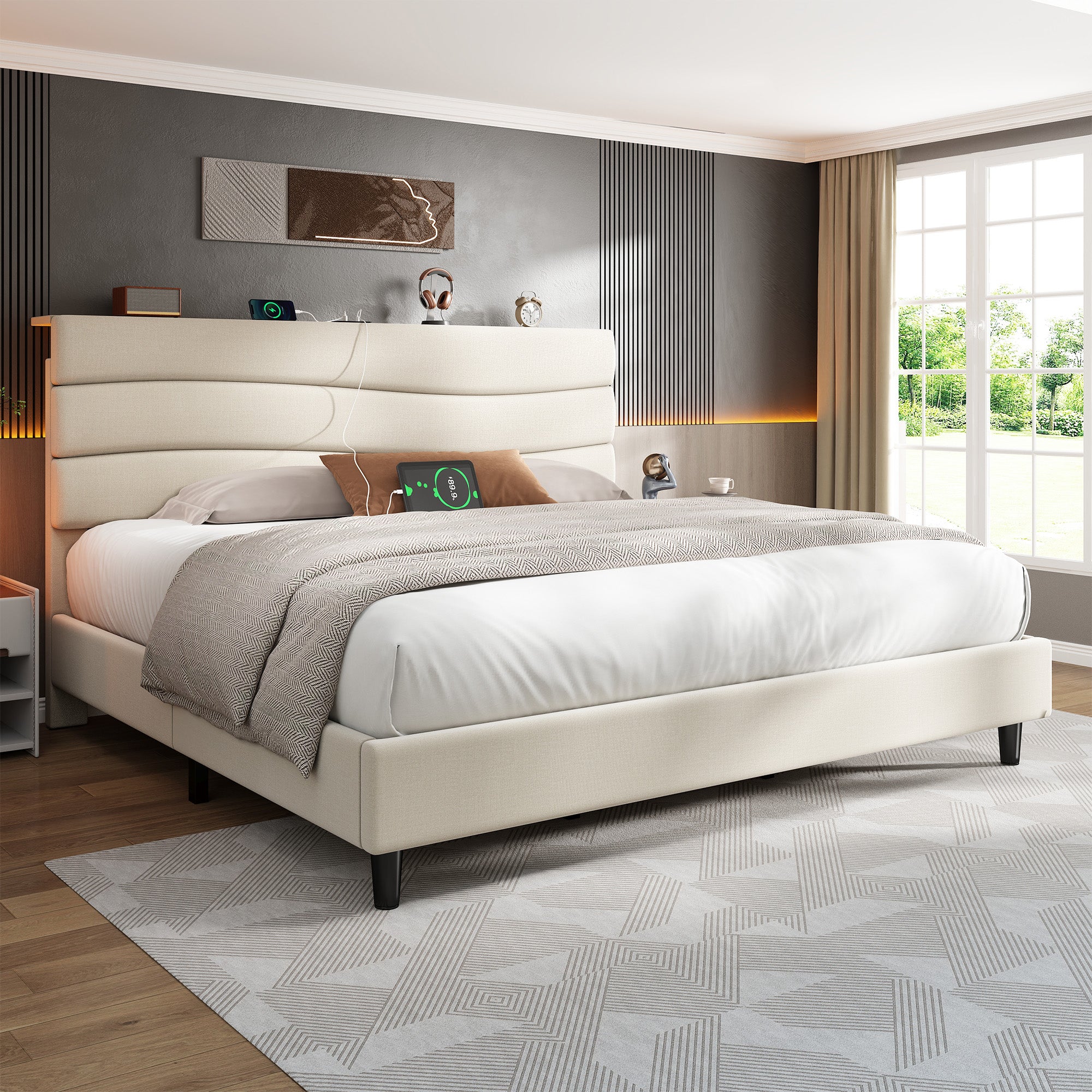 SnHomee Upholstered Bed Frame with Storage Headboard & Charging Station - USB Ports, Adjustable Fabric Headboard, Noise-Free Design, No Box Spring Needed, Back to School Beds On Sale