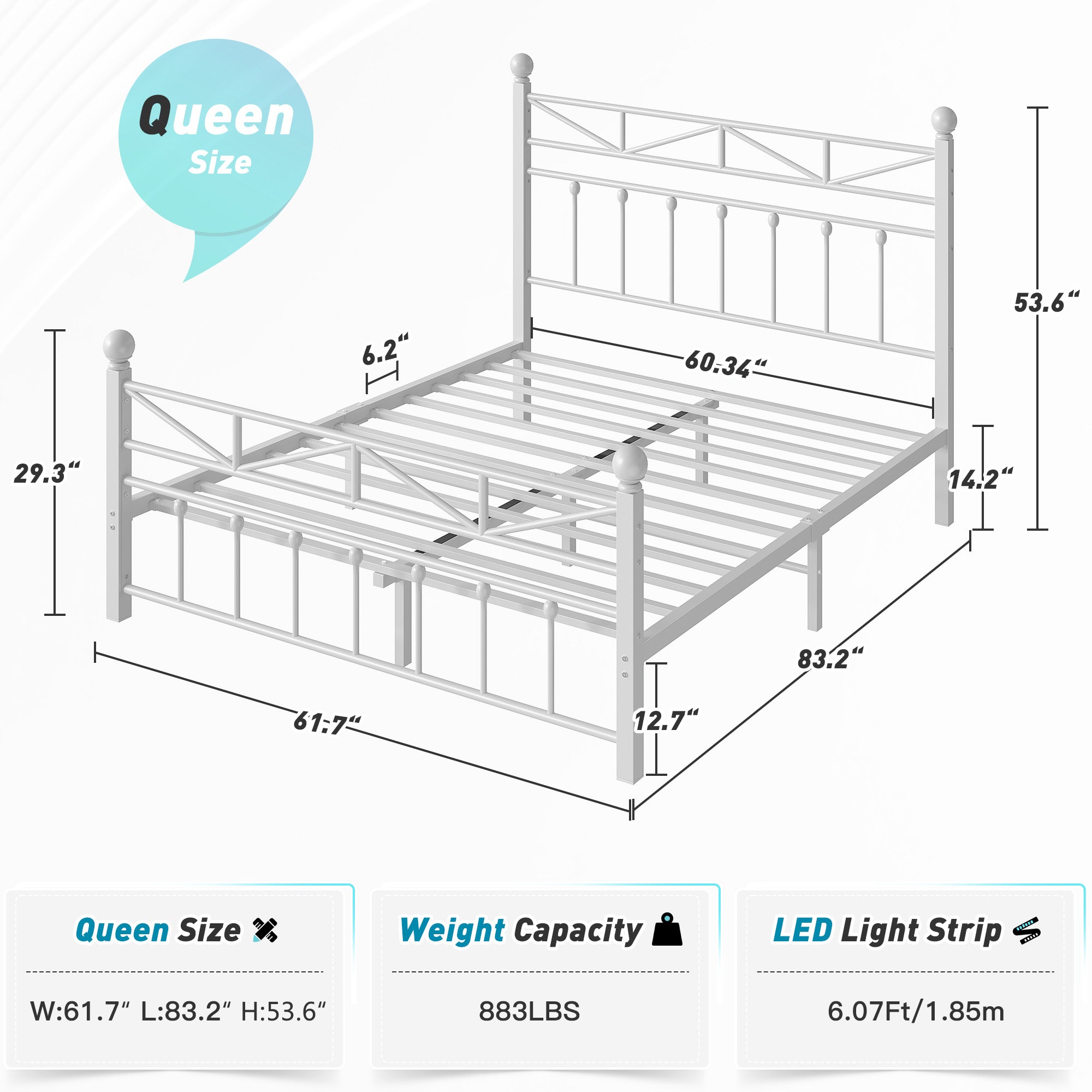 LED Metal Bed Frame with Tall Headboard & Footboard, Vintage Industrial Bed, Under Bed Storage & No Box Spring Needed, Noise-Free Design for Modern & Farmhouse Bedrooms