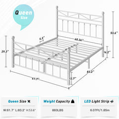 LED Metal Bed Frame with Tall Headboard & Footboard, Vintage Industrial Bed, Under Bed Storage & No Box Spring Needed, Noise-Free Design for Modern & Farmhouse Bedrooms