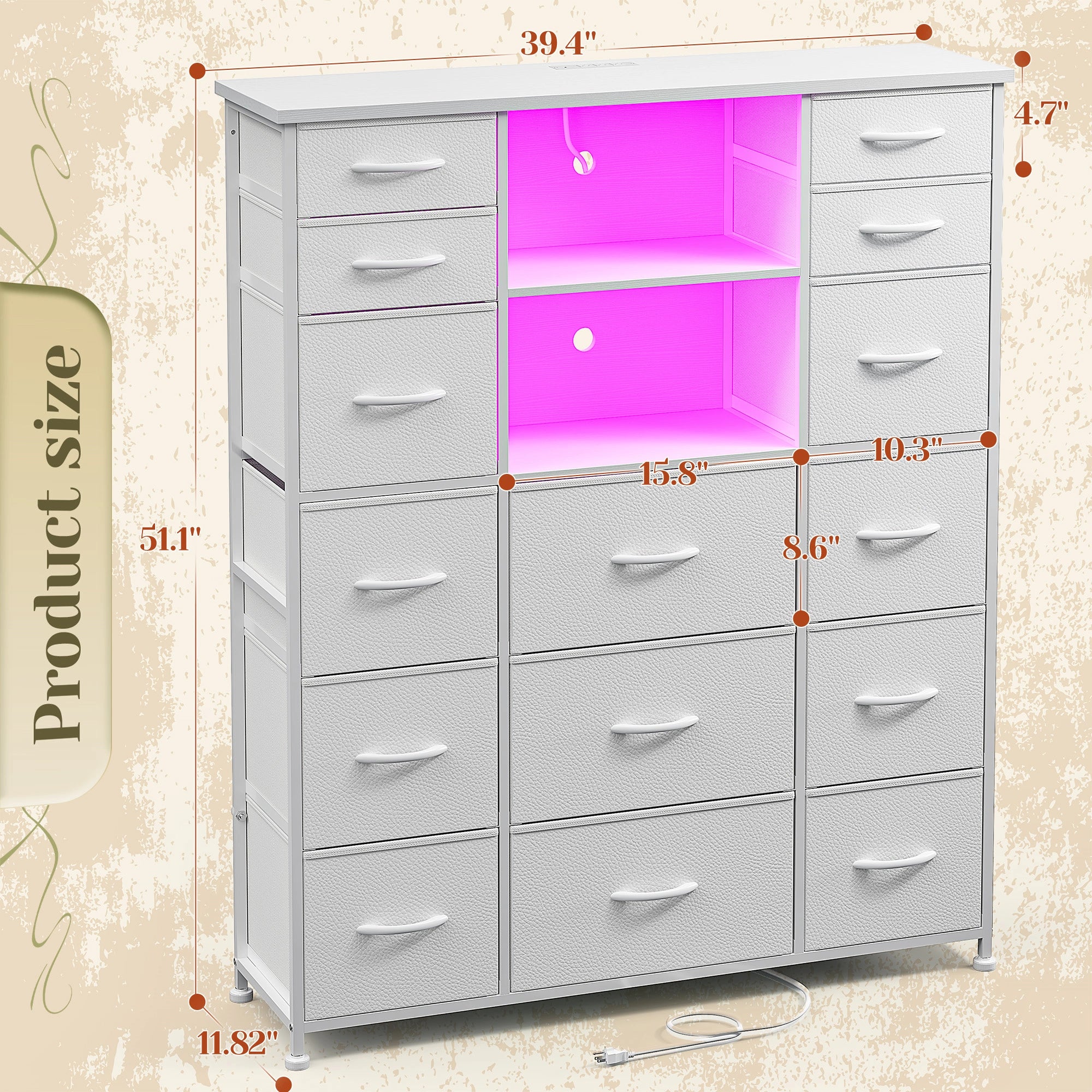 15-Drawer Smart Dresser with Charging Station & LED Lights - 51" Tall Fabric Storage Organizer, Steel Frame, Wood Shelves | No Assembly Hassle, Anti-Tip Safety, for Bedroom, Closet, Hallway