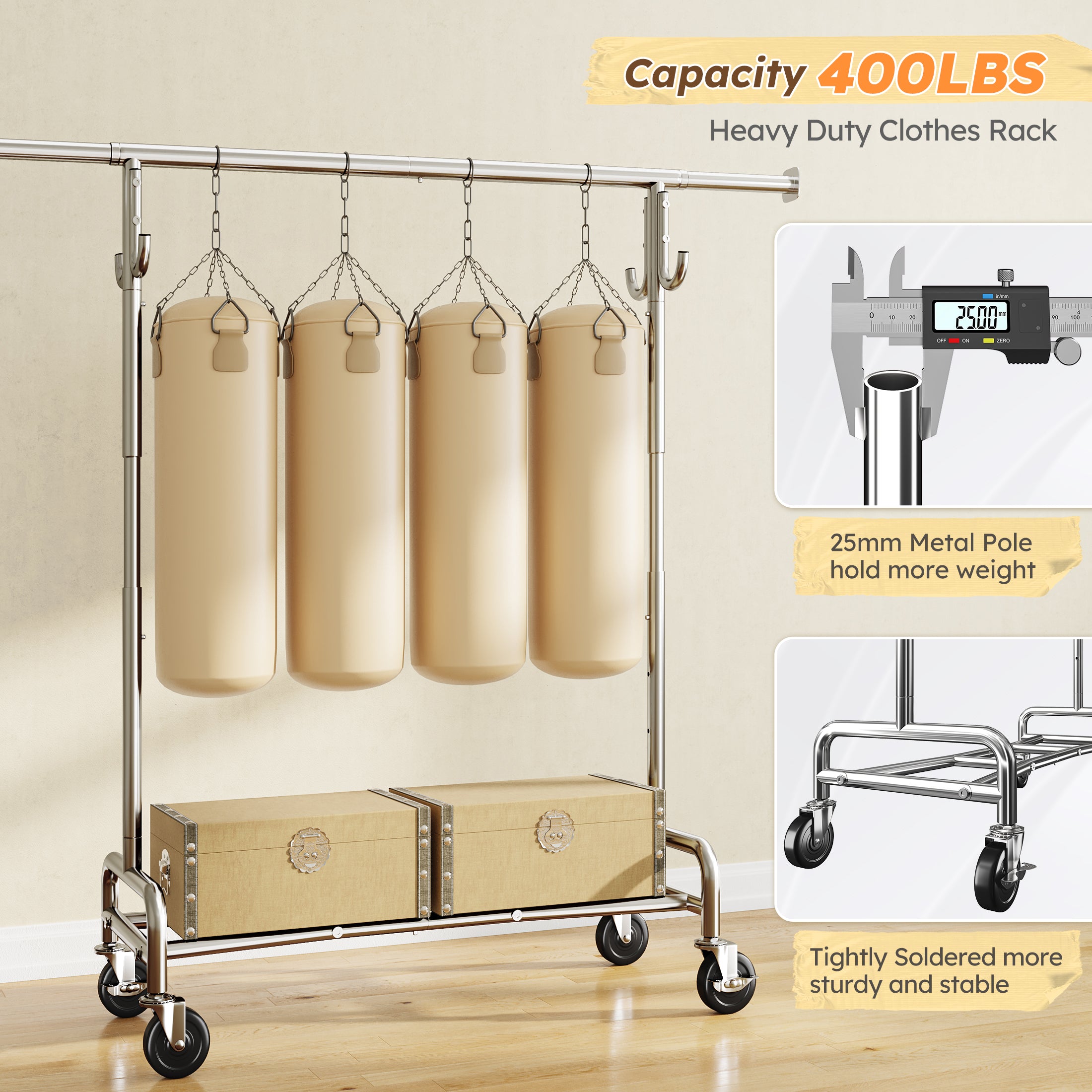 400LB Heavy Duty Rolling Clothes Rack | Adjustable Garment Rack with Wheels & Shelf | Portable Chrome Metal Frame for Commercial & Home Use-snhomee