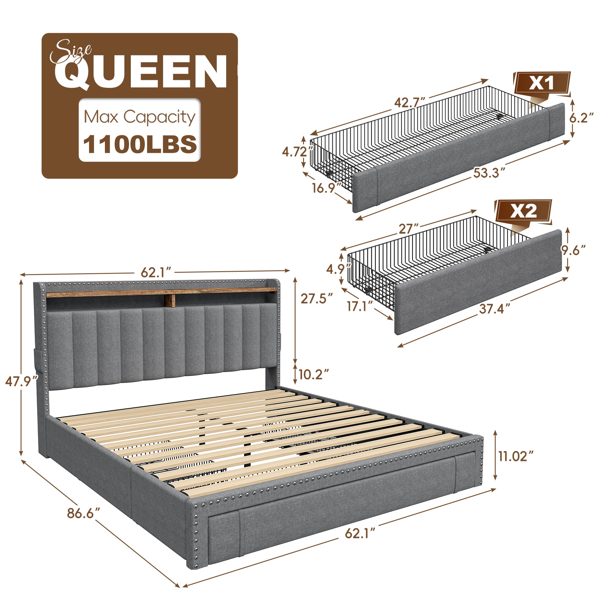 Snhomee Heavy Duty Platform Bed Frame with Storage Drawers - Silent 1200LB Capacity, No Box Spring Needed, Upholstered Headboard