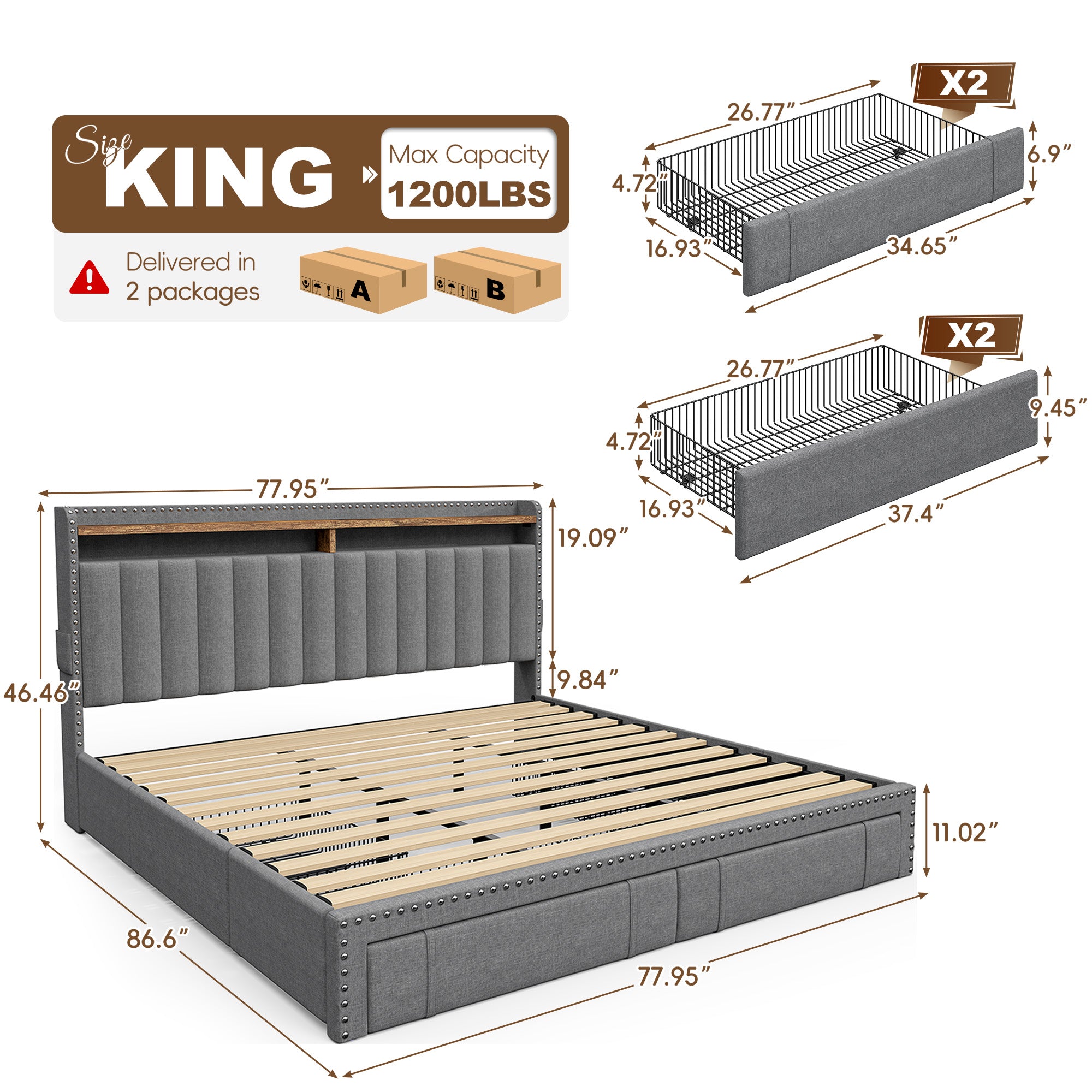 Snhomee Heavy Duty Platform Bed Frame with Storage Drawers - Silent 1200LB Capacity, No Box Spring Needed, Upholstered Headboard