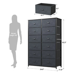 Tall Dresser for Bedroom with 12 Drawers, Wooden Top and Metal Frame, Fabric Bedroom Dressers & Chests of Drawers, Dark Grey-Furniture > Dresser-snhomee