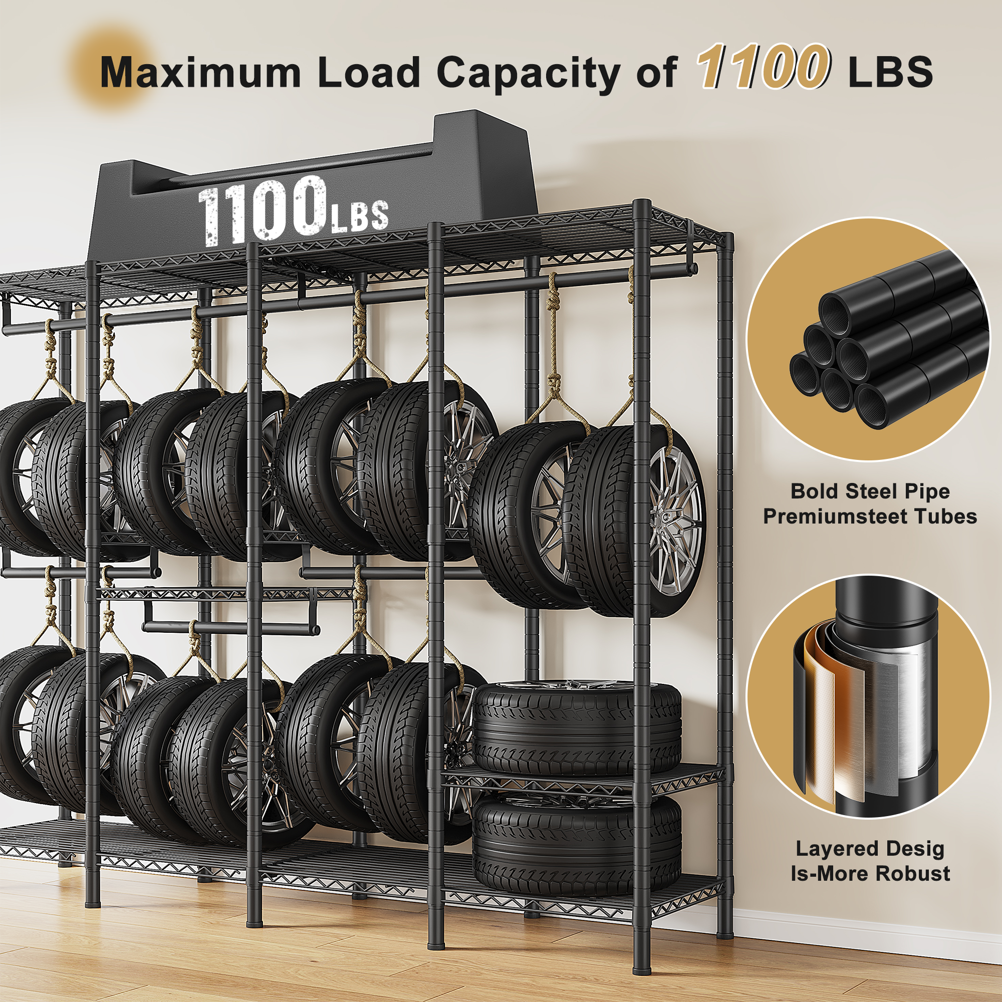 Snhomee 76"W 1100LBS Heavy Duty Clothing Rack with Shelves Metal Clothes Hanger Rack for Hanging Clothes-Home Storage > Clothes Rack-Black-snhomee