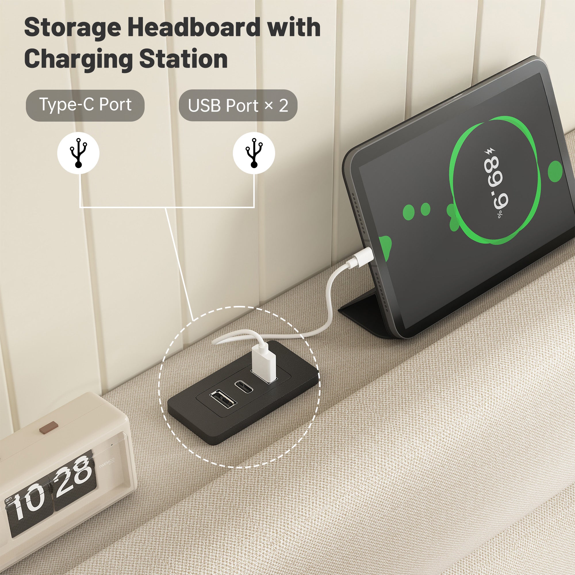 SnHomee Upholstered Bed Frame with Storage Headboard & Charging Station - USB Ports, Adjustable Fabric Headboard, Noise-Free Design, No Box Spring Needed, Back to School Beds On Sale