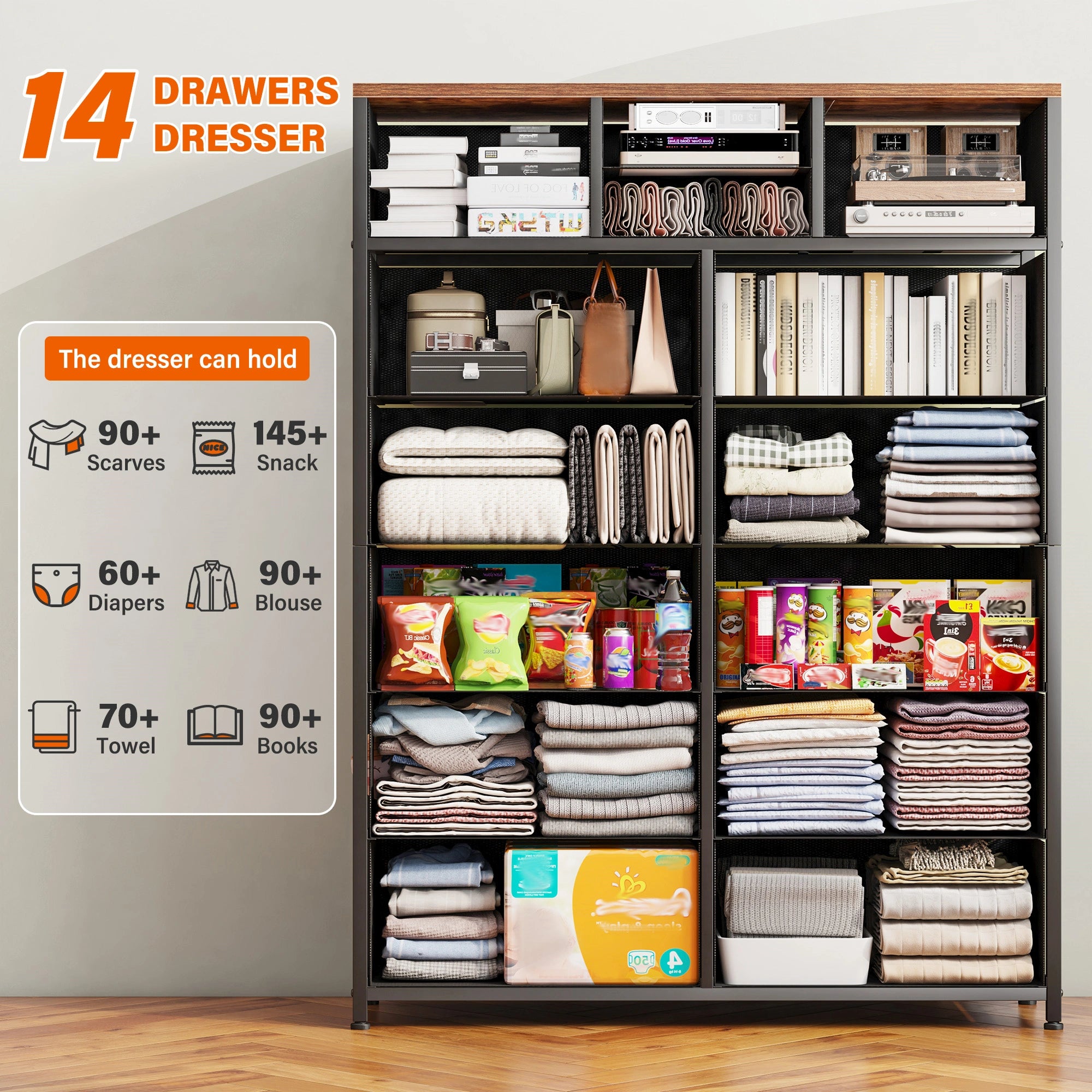 Snhomee Dresser for Bedroom with 14 Drawers, Tall Dressers for Bedroom,  Sturdy Metal Frame & Wood, Top Large Fabric Chest of Drawers, Closet, Livingroom