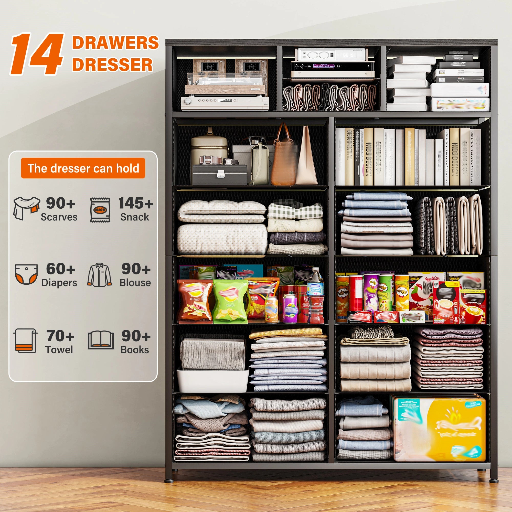 Snhomee Dresser for Bedroom with 14 Drawers, Tall Dressers for Bedroom,  Sturdy Metal Frame & Wood, Top Large Fabric Chest of Drawers, Closet, Livingroom