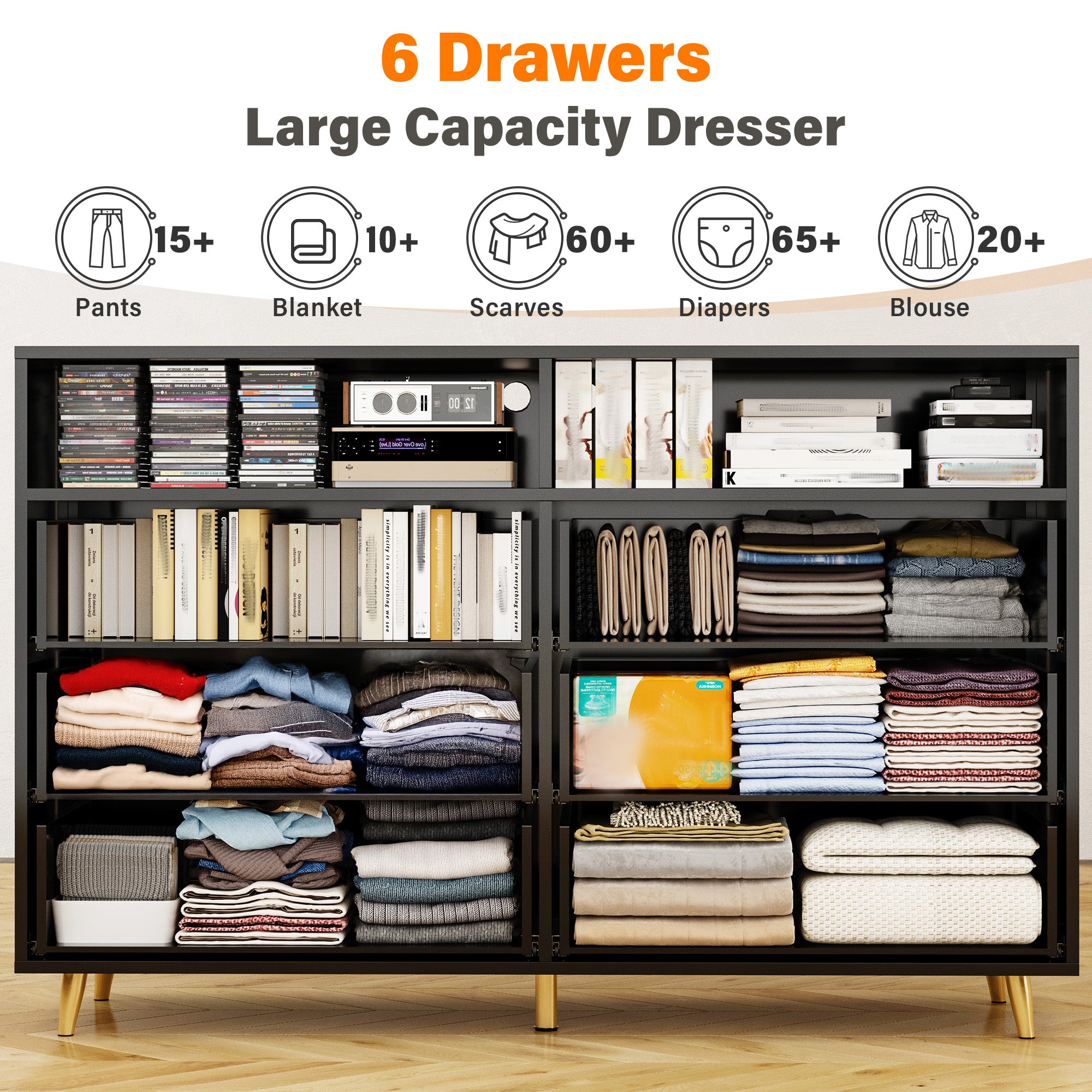 6 Drawers Dresser with LED Lights, Large TV Stand, 2 Open Shelves Top, 47"W Modern Chest with Anti-Tip Safety for Bedroom, Living Room & Small Spaces