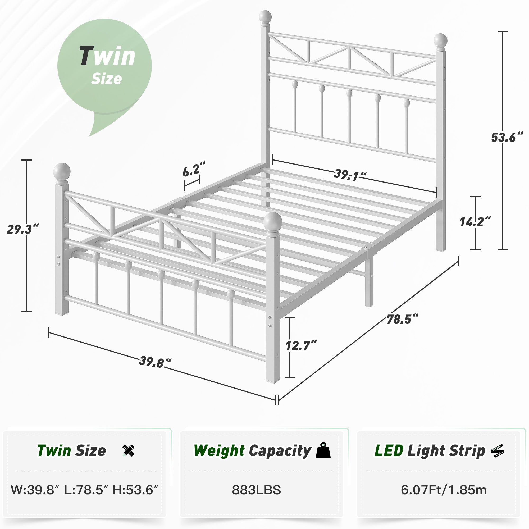 LED Metal Bed Frame with Tall Headboard & Footboard, Vintage Industrial Bed, Under Bed Storage & No Box Spring Needed, Noise-Free Design for Modern & Farmhouse Bedrooms