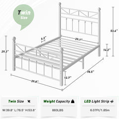 LED Metal Bed Frame with Tall Headboard & Footboard, Vintage Industrial Bed, Under Bed Storage & No Box Spring Needed, Noise-Free Design for Modern & Farmhouse Bedrooms