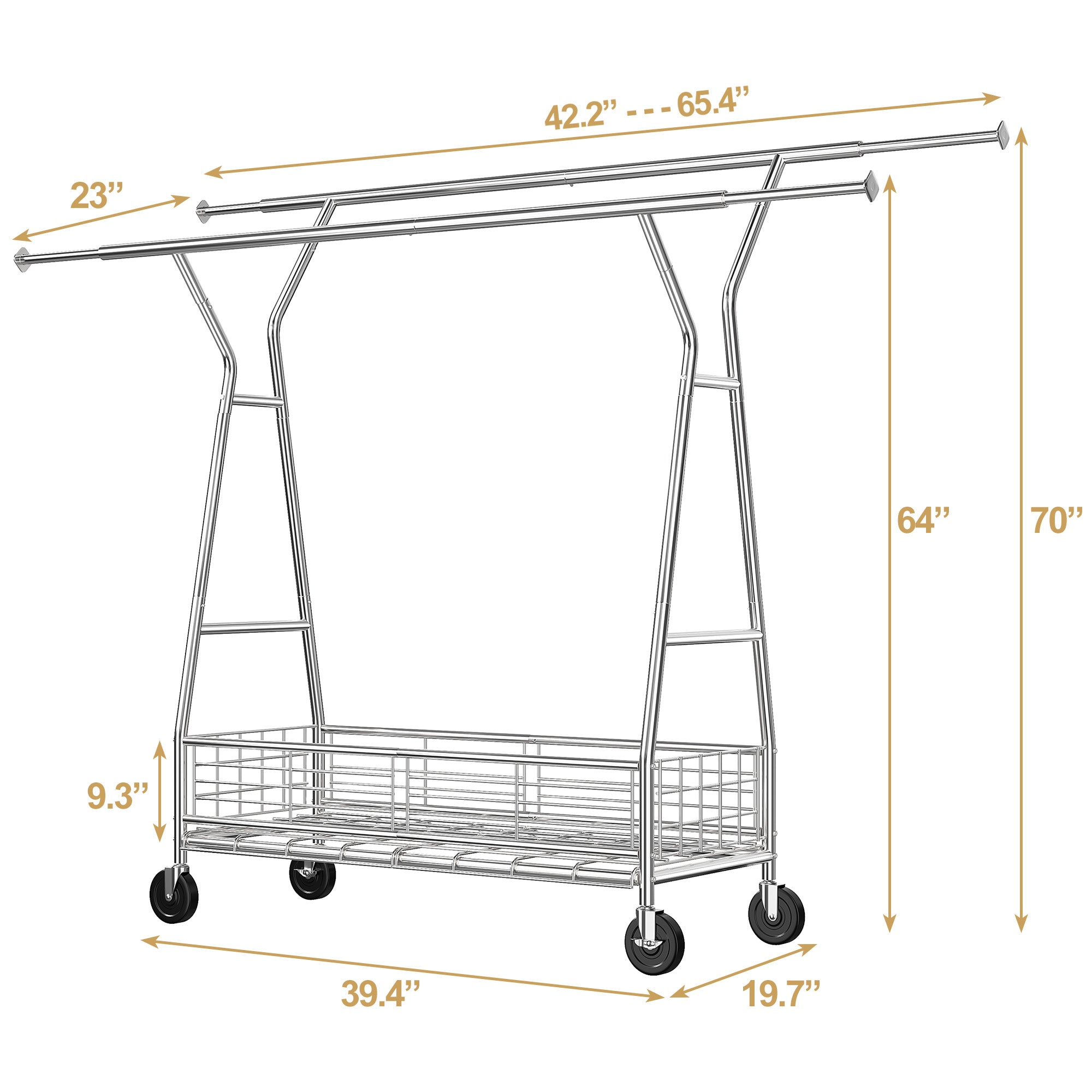 625lb Heavy Duty Commercial Clothing Rack - Rolling Steel Garment Rack with Shelves-Home Storage > Clothes Rack-(64-70)" H x (42.2-65.4)" W x 23" D-snhomee