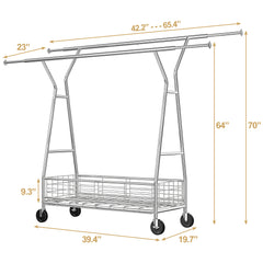 625lb Heavy Duty Commercial Clothing Rack - Rolling Steel Garment Rack with Shelves-Home Storage > Clothes Rack-(64-70)" H x (42.2-65.4)" W x 23" D-snhomee