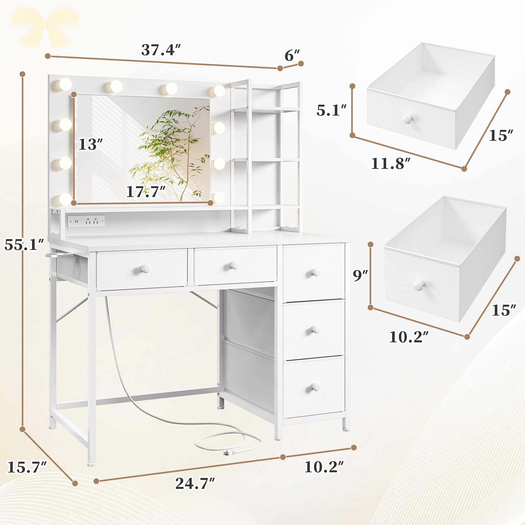 LED Vanity Desk with Mirror, 5 Drawers & Power Outlet - 3 Light Modes, Adjustable Brightness Dressing Table