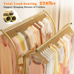 Double-Rod Clothing Rack with Wheels, Rust-Resistant Clothes Rack with Bottom Shelf & Curved Supports for Long Coats