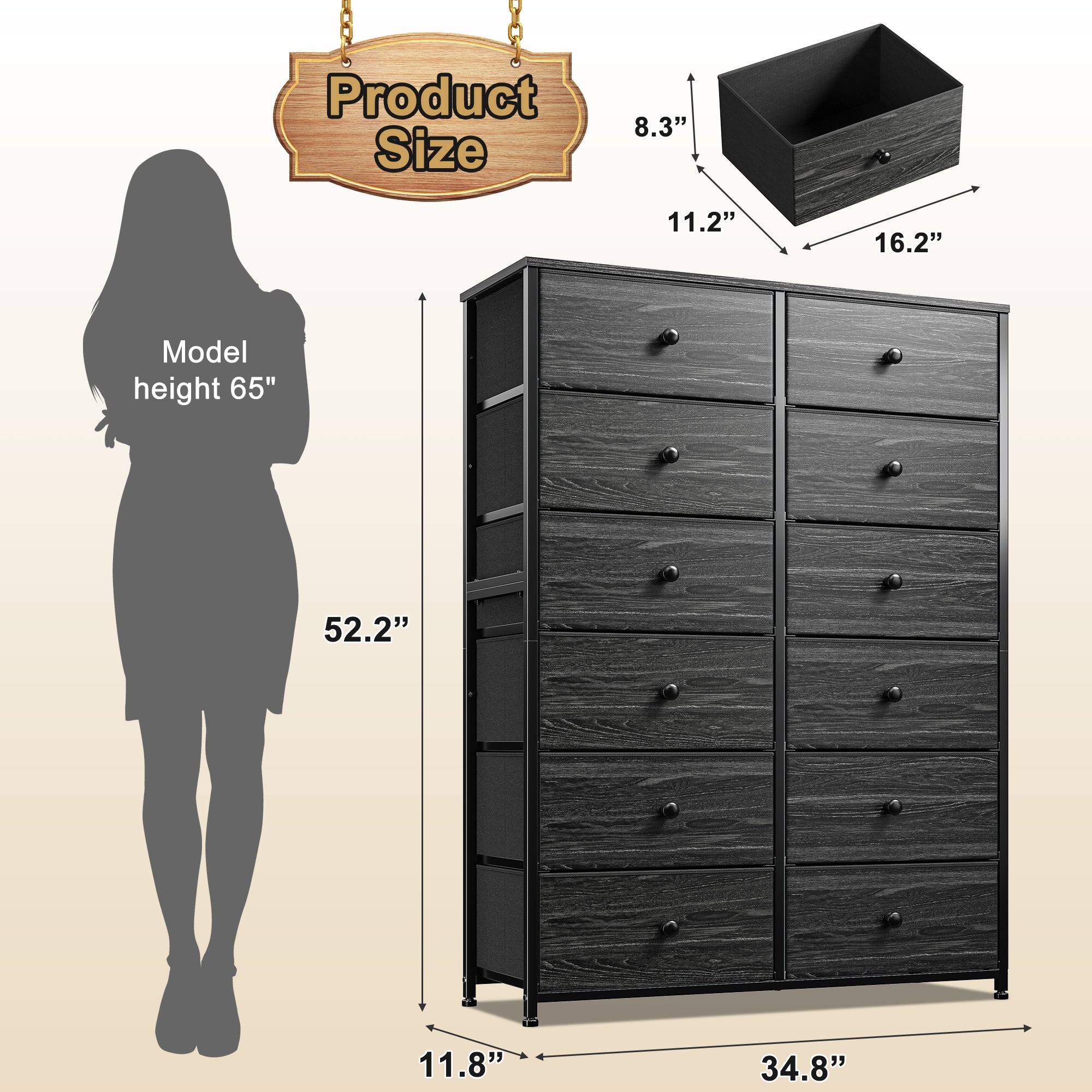 Snhomee Dresser for Bedroom with 12 Drawers, Large Storage Organizer Chest, Large Fabric Dressers & Chest of Drawers with Sturdy Metal Frame, Wood Top, Closet, Entryway, Hallway
