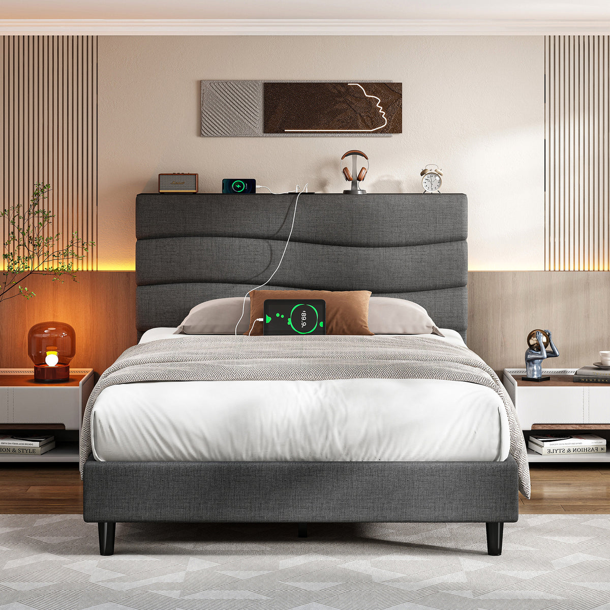SnHomee Upholstered Bed Frame with Storage Headboard & Charging Station - USB Ports, Adjustable Fabric Headboard, Noise-Free Design, No Box Spring Needed, Back to School Beds On Sale