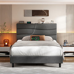 SnHomee Upholstered Bed Frame with Storage Headboard & Charging Station - USB Ports, Adjustable Fabric Headboard, Noise-Free Design, No Box Spring Needed, Back to School Beds On Sale