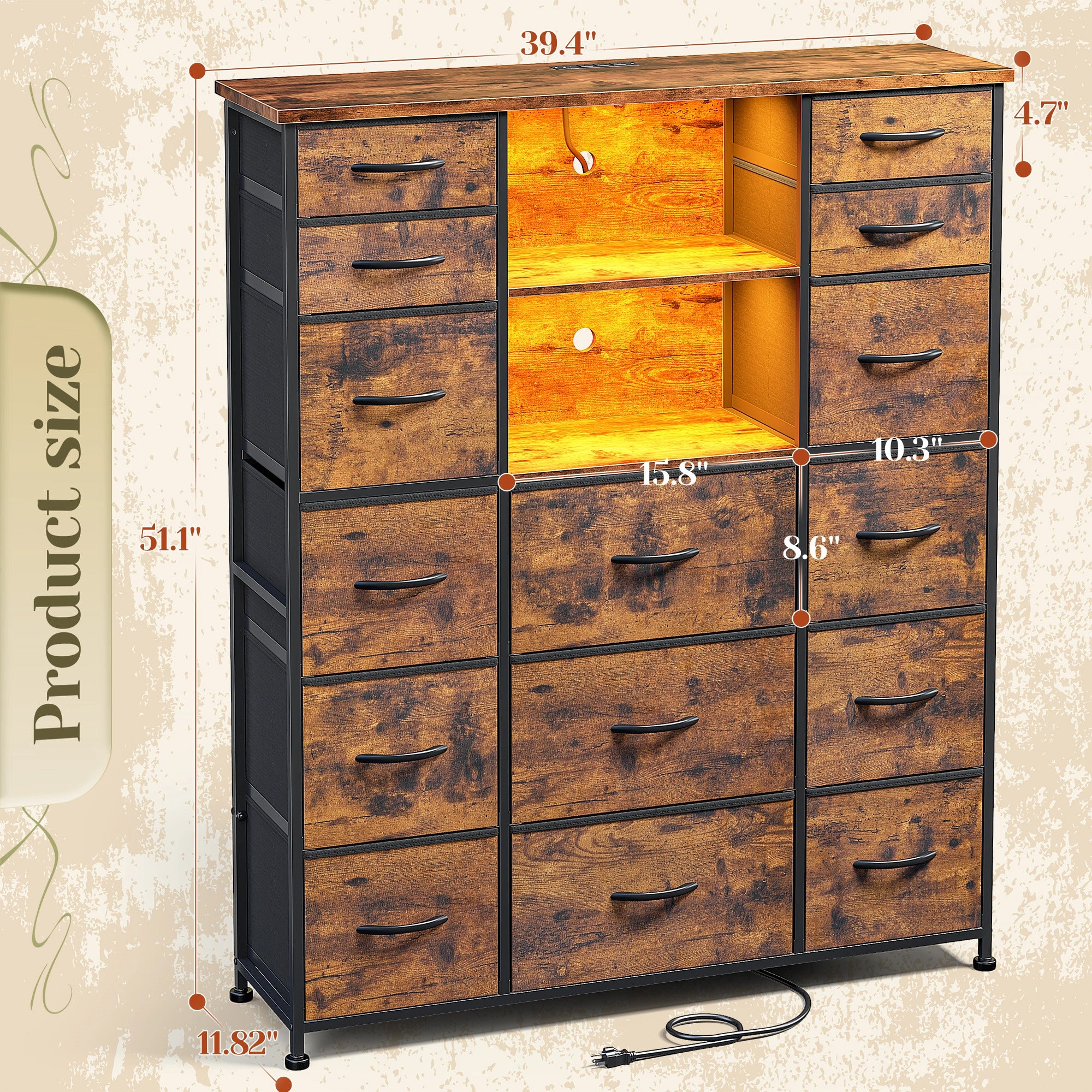 15-Drawer Smart Dresser with Charging Station & LED Lights - 51" Tall Fabric Storage Organizer, Steel Frame, Wood Shelves | No Assembly Hassle, Anti-Tip Safety, for Bedroom, Closet, Hallway