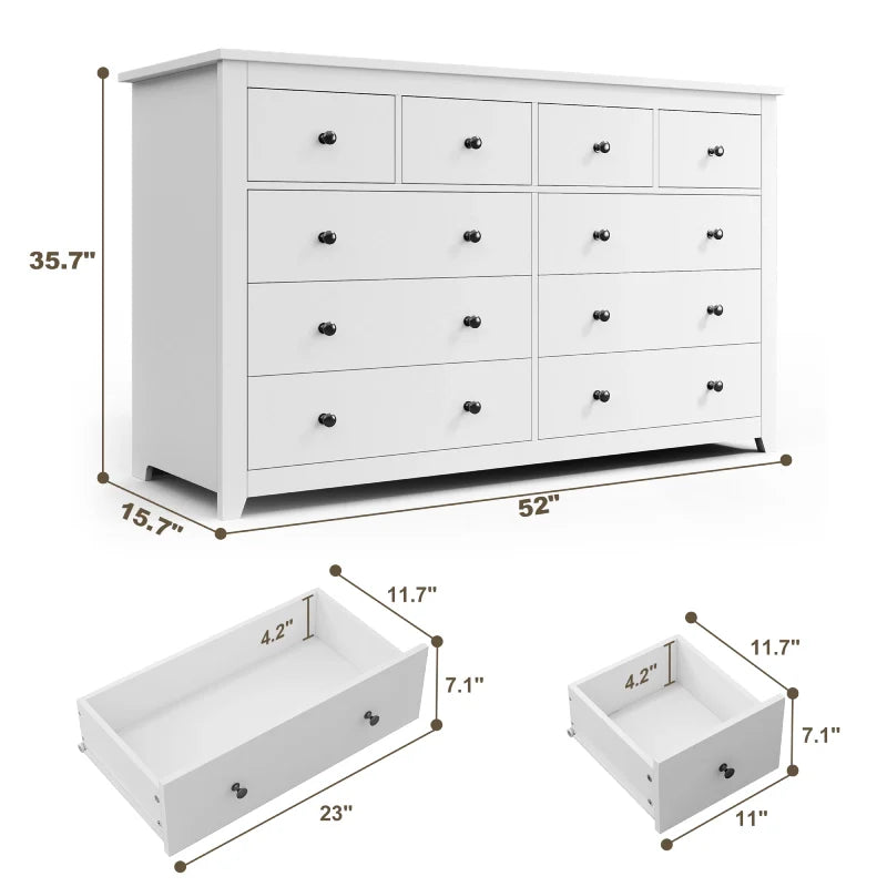 10 Drawers White Dresser 52" Wide Bedroom TV Stand Dresser for Hallway-Furniture > Dresser-Black-snhomee