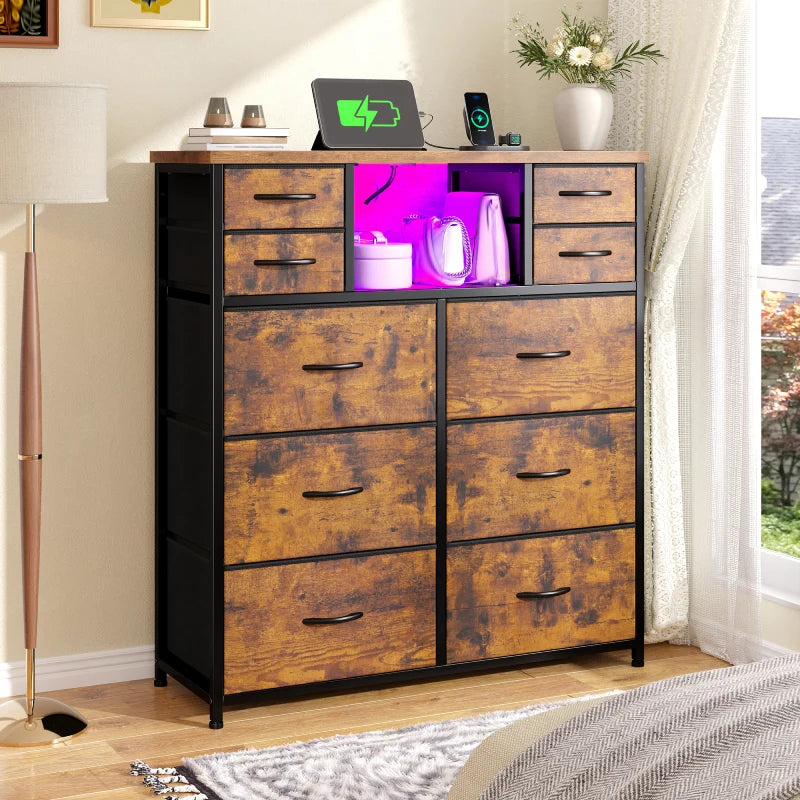 Snhomee 10 Fabric Drawers Bedroom Dresser with LED Lighting and Built-in Charging Station for Closet, Hallway or Bedroom