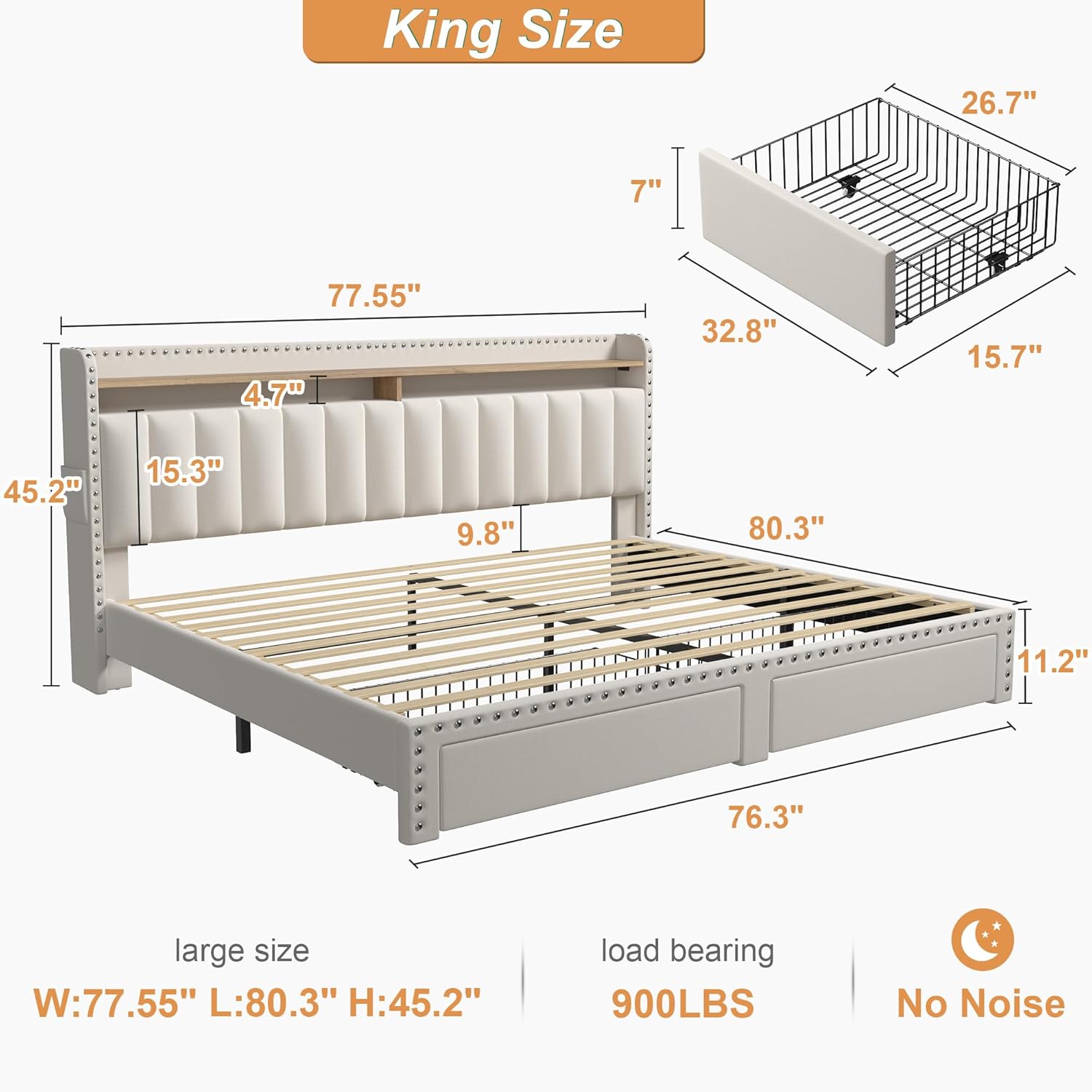 Metal Bed Frame with 2 Storage Drawers & Headboard - 900LBS Capacity, No Noise Design, Padded Platform, No Box Spring Needed, Back to School Beds On Sale