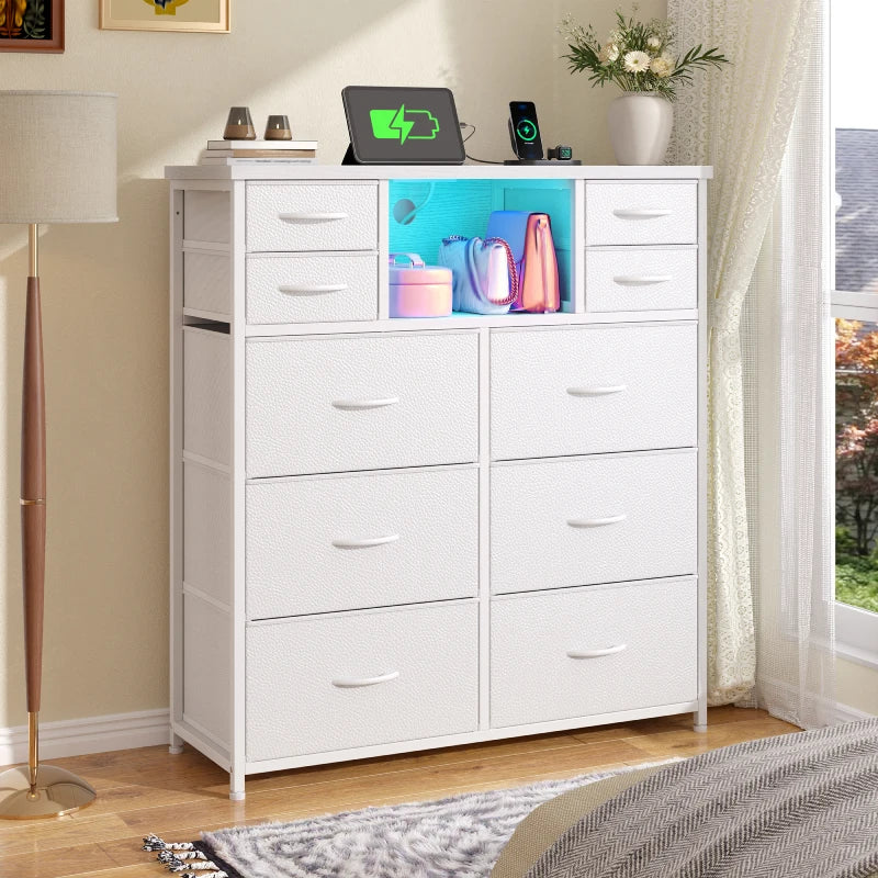Snhomee 10 Fabric Drawers Bedroom Dresser with LED Lighting and Built-in Charging Station for Closet, Hallway or Bedroom