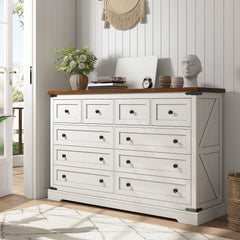 10-Drawer Farmhouse Dresser with Metal Rails - 55" Wide Bedroom Storage & TV Stand, 36"H x 15"D-White-snhomee
