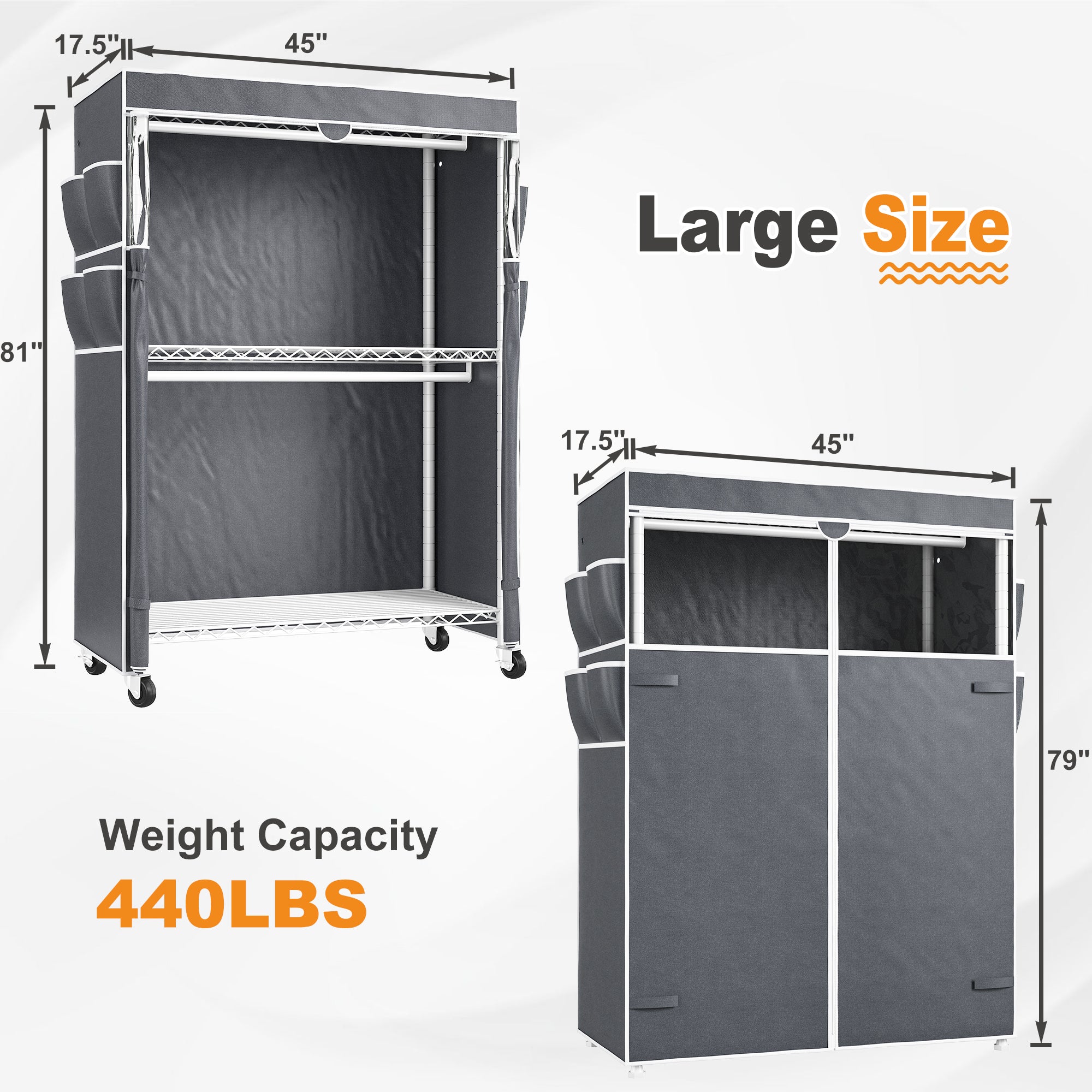 Snhomee 440LBS Heavy Duty Clothing Rack with Wheels,Cloth Rack with Cover,Dorm Room Garment Rack,Space-Saving‌ Dorm Essential‌